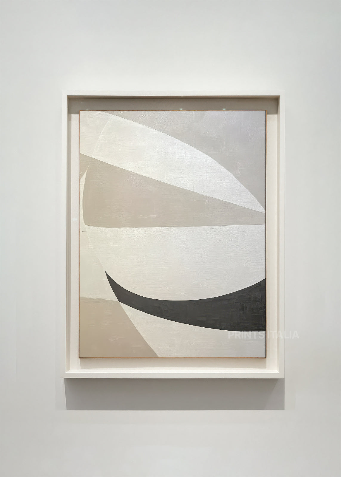 SERALIN abstract art print framed – flowing white and beige planes anchored by a charcoal curve