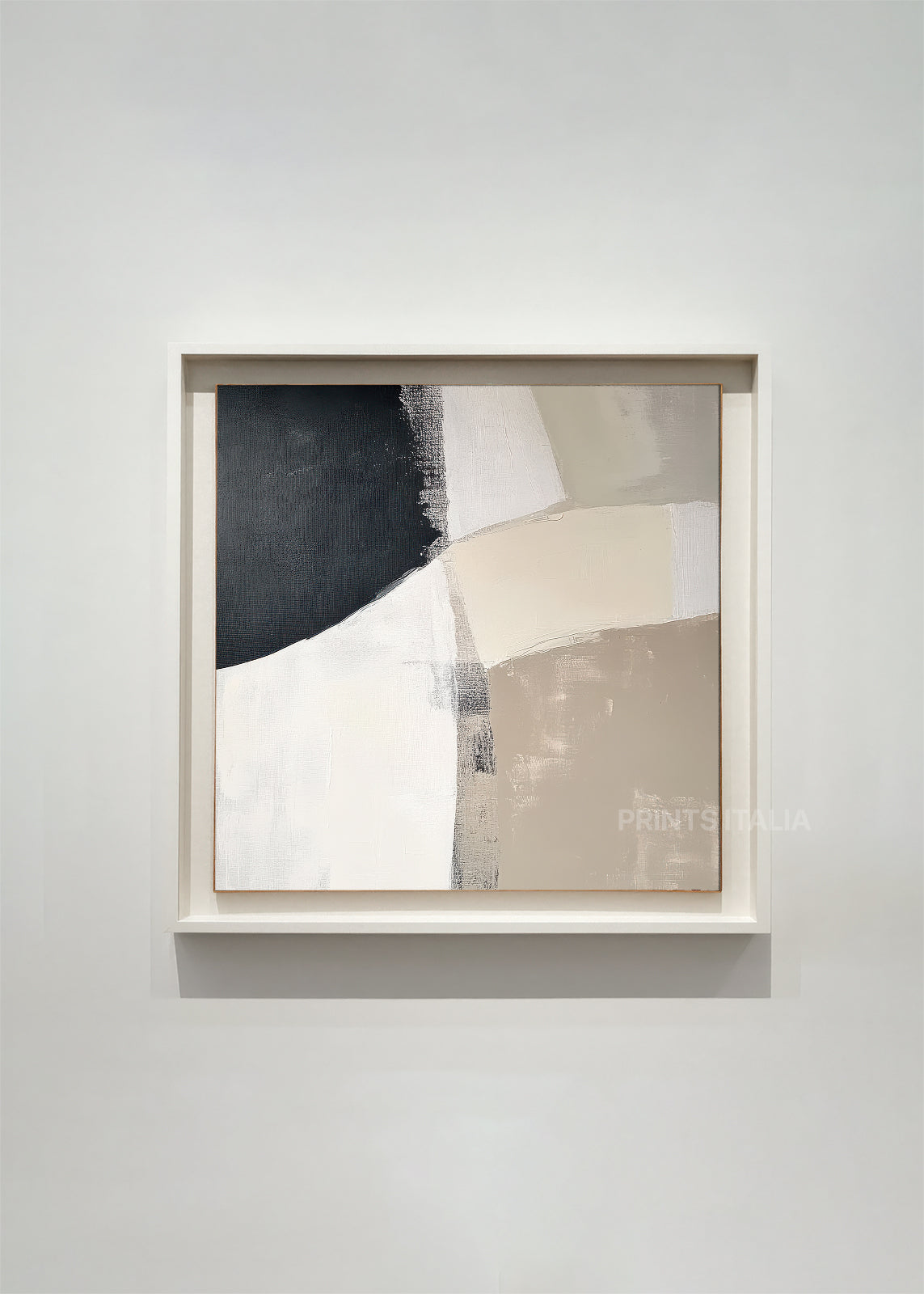 SIVELLE abstract art print framed – bold black block intersecting layered ivory and sand forms in a minimalist composition