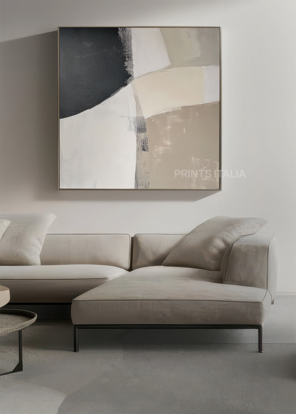 SIVELLE abstract print styled in a serene, modern space, emphasizing its calm black, ivory, and sand composition