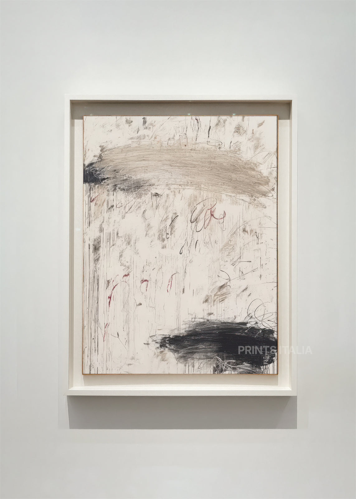 SKADI – framed minimalist abstract art print with misty taupe and cream background, sweeping charcoal gestures, and layered textures, displayed in a modern gallery setting