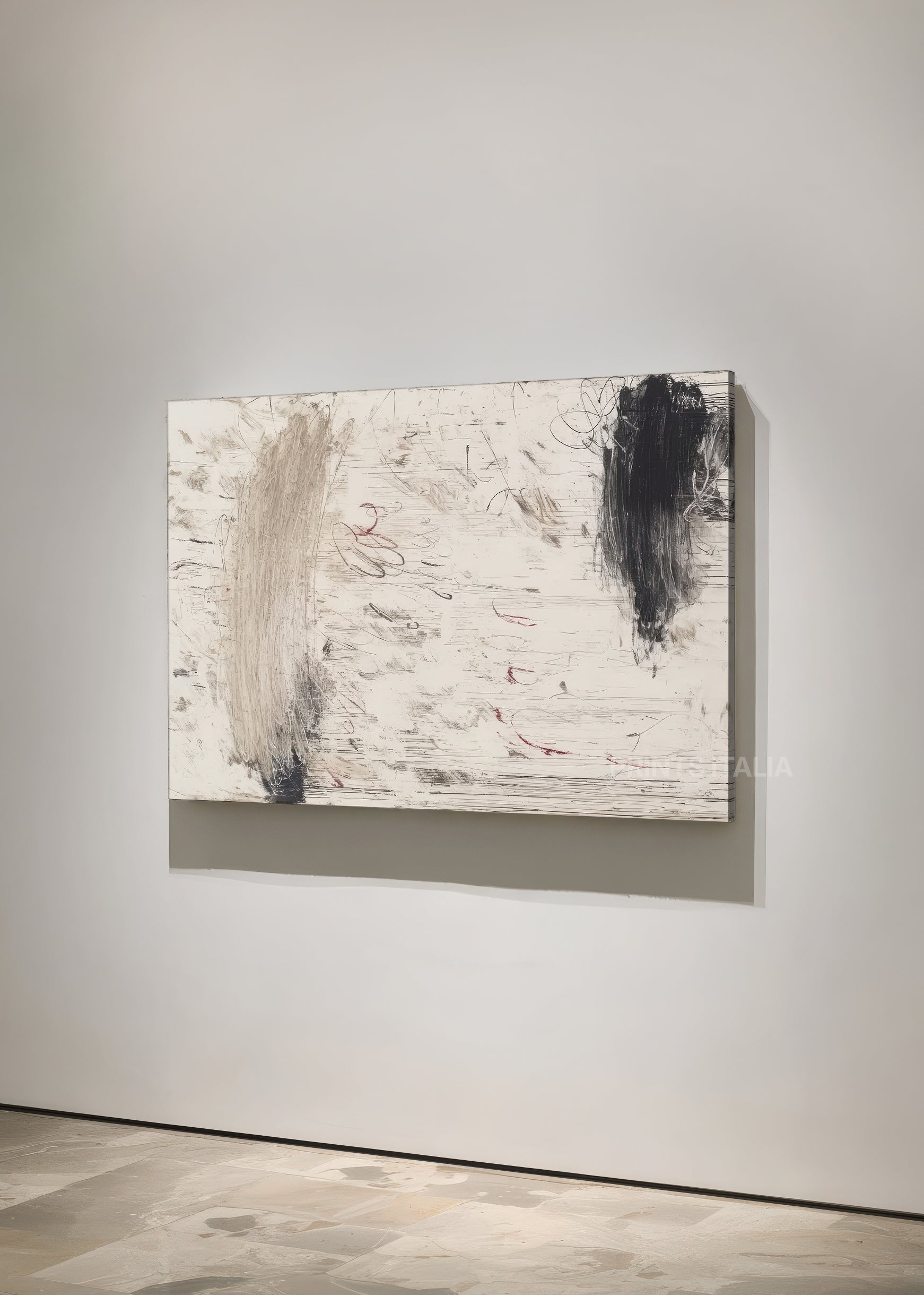 Unframed SKADI art print featuring misty taupe and cream minimalism, bold charcoal accents, and organic textures, leaning against a pale neutral wall