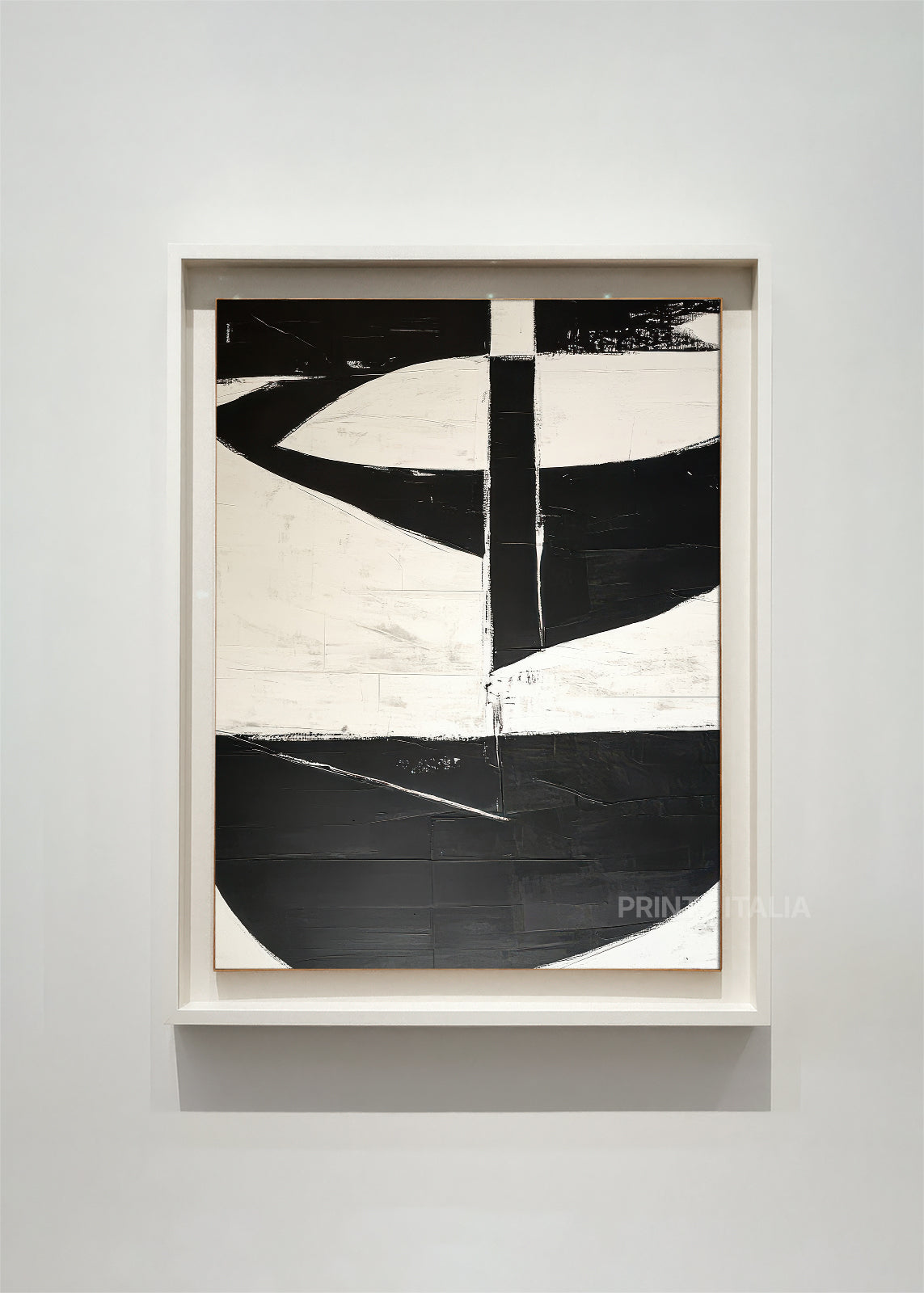 SOLARIETH abstract art print framed – bold black arcs and angles on ivory-white background with crisp divisions