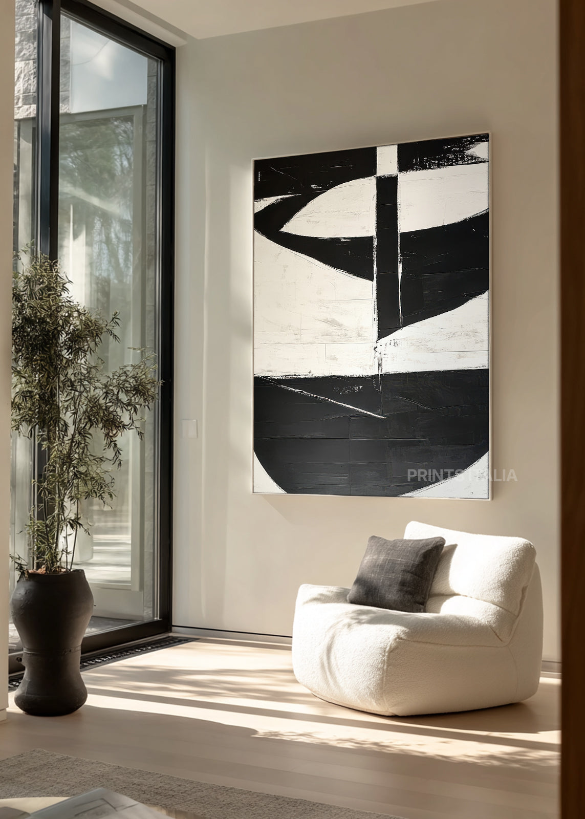 SOLARIETH abstract print styled in a serene, light-filled space, emphasizing its bold shapes and clean architectural form