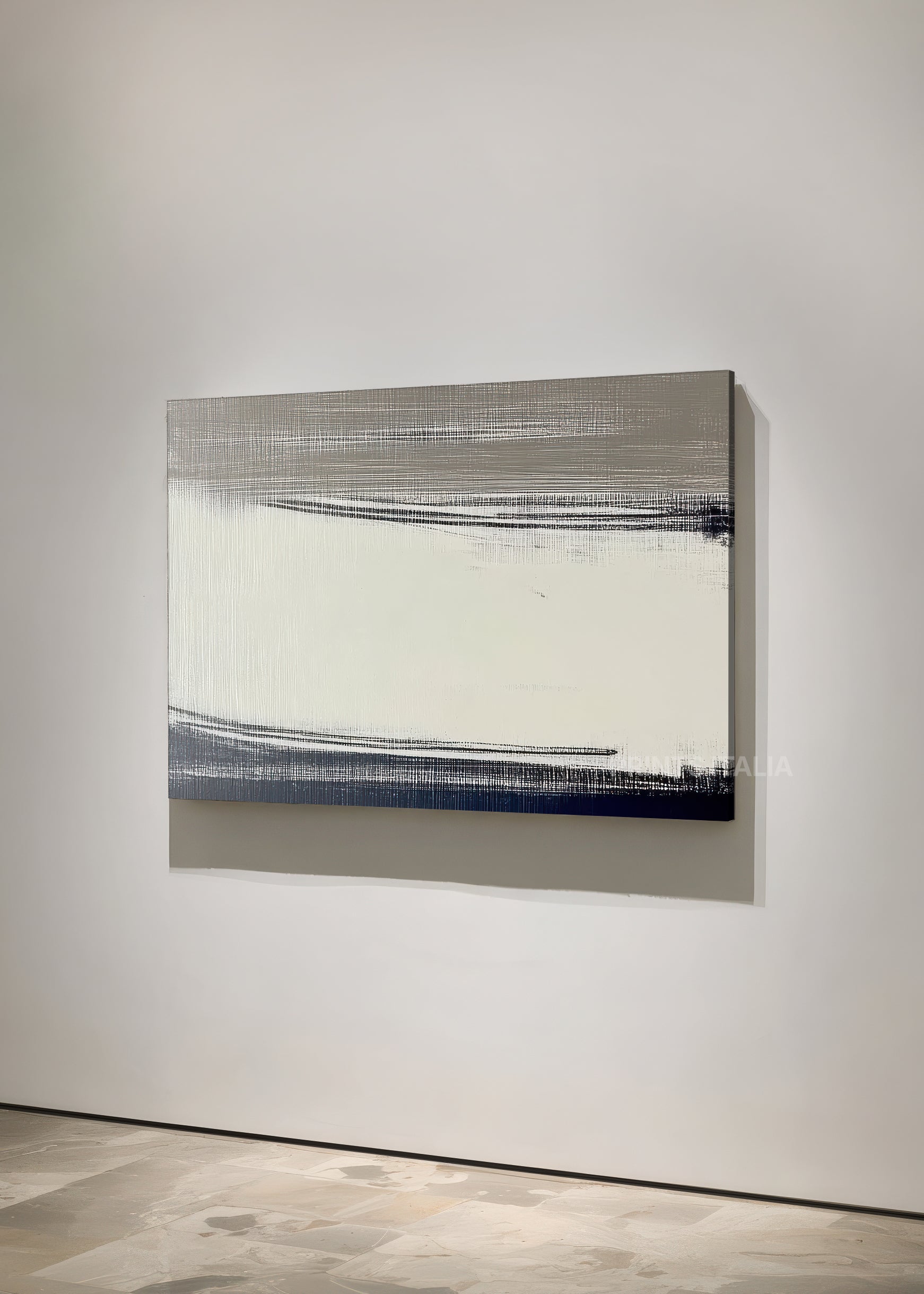 Angled view of SOLEN abstract print – expressive modern composition with flowing charcoal and cream vertical elements
