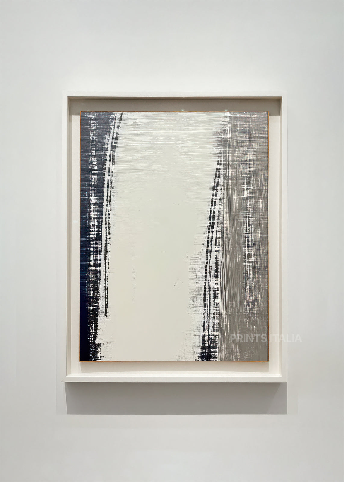 SOLEN abstract art print framed – flowing vertical streaks in charcoal and cream with textured organic movement