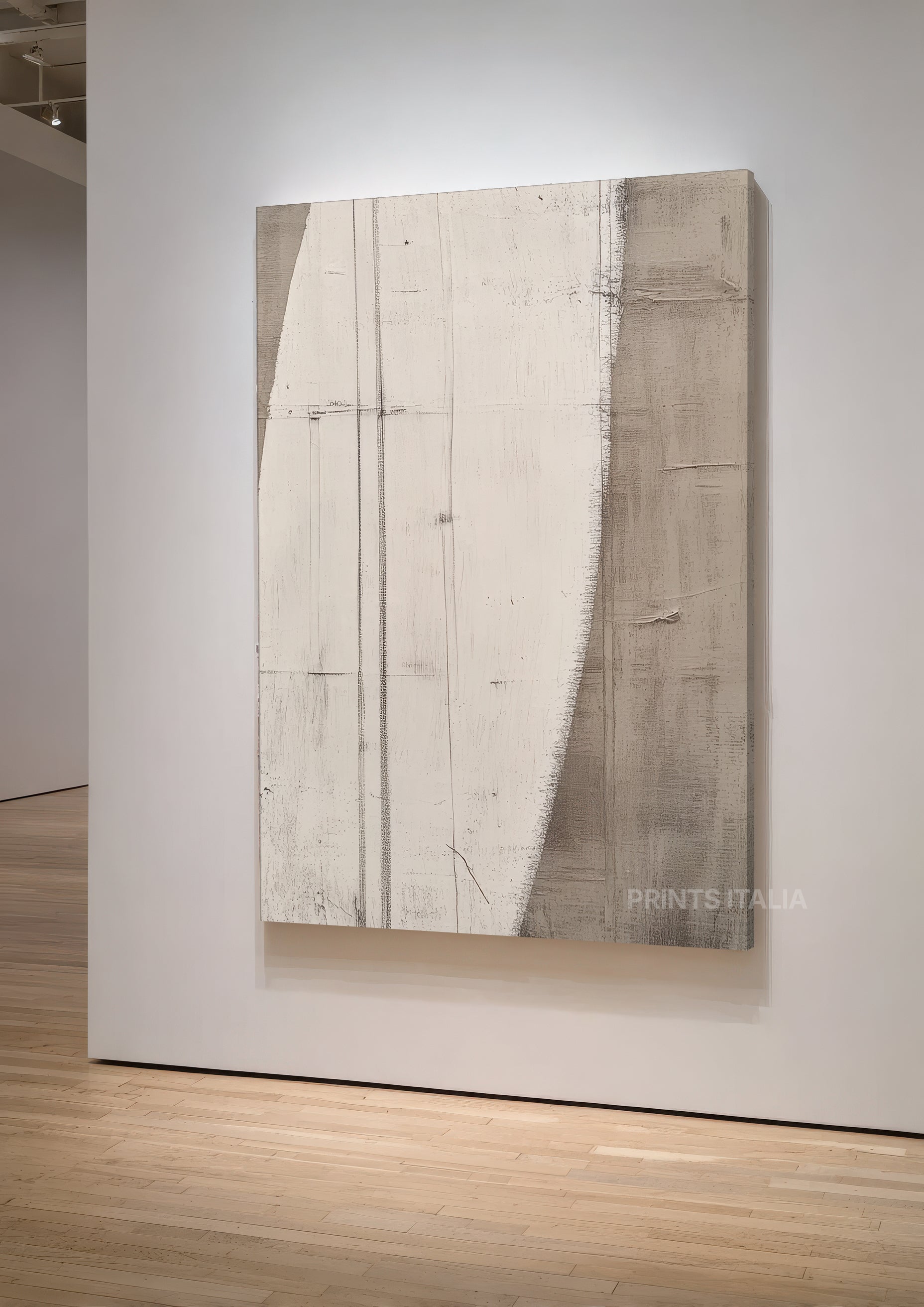 An angled view of the Solin art canvas shown vertically, emphasizing the raw, scraped texture of the minimalist composition.