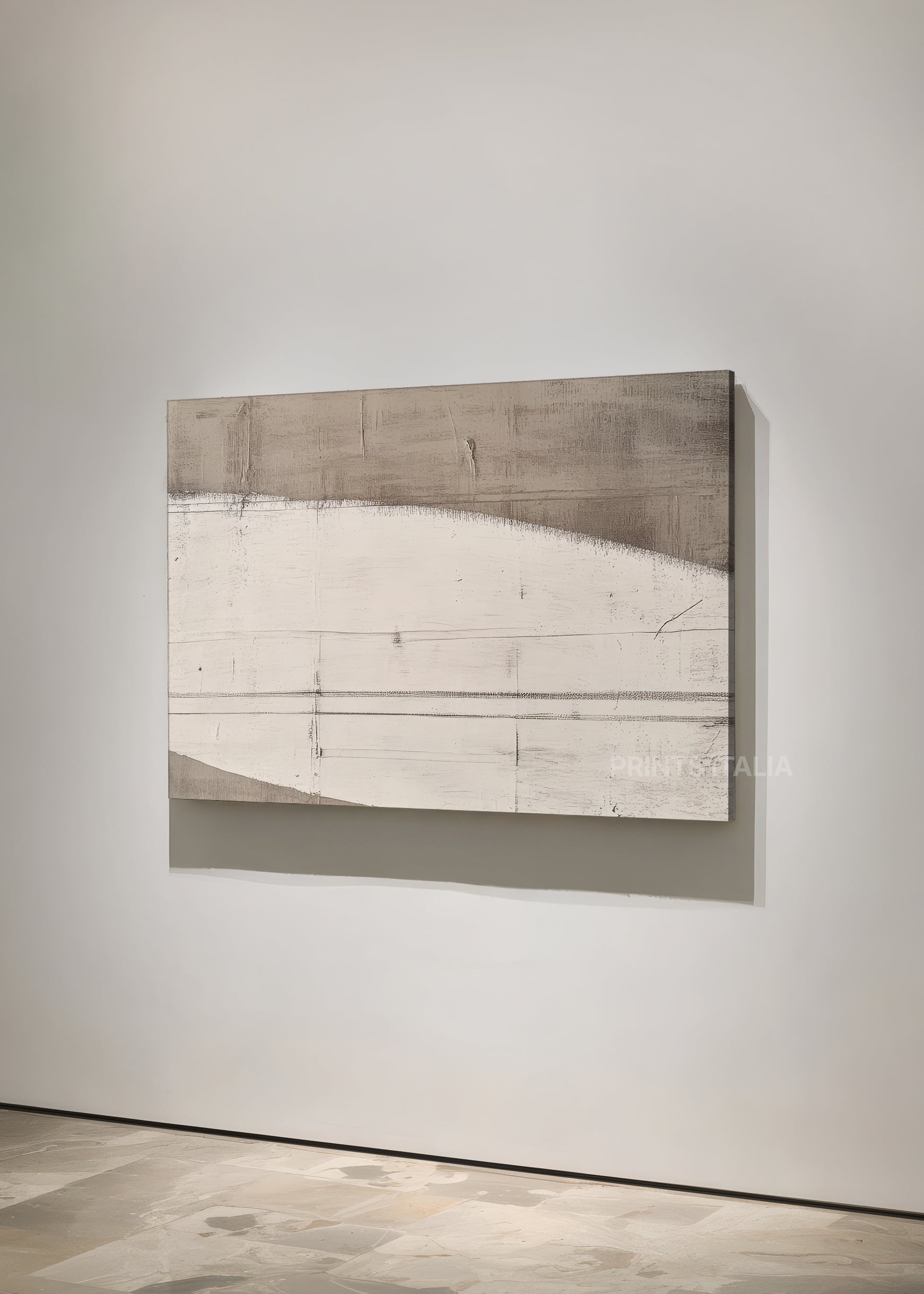 The Solin abstract print displayed horizontally on a gallery wall, showing its expansive form and scraped texture details.