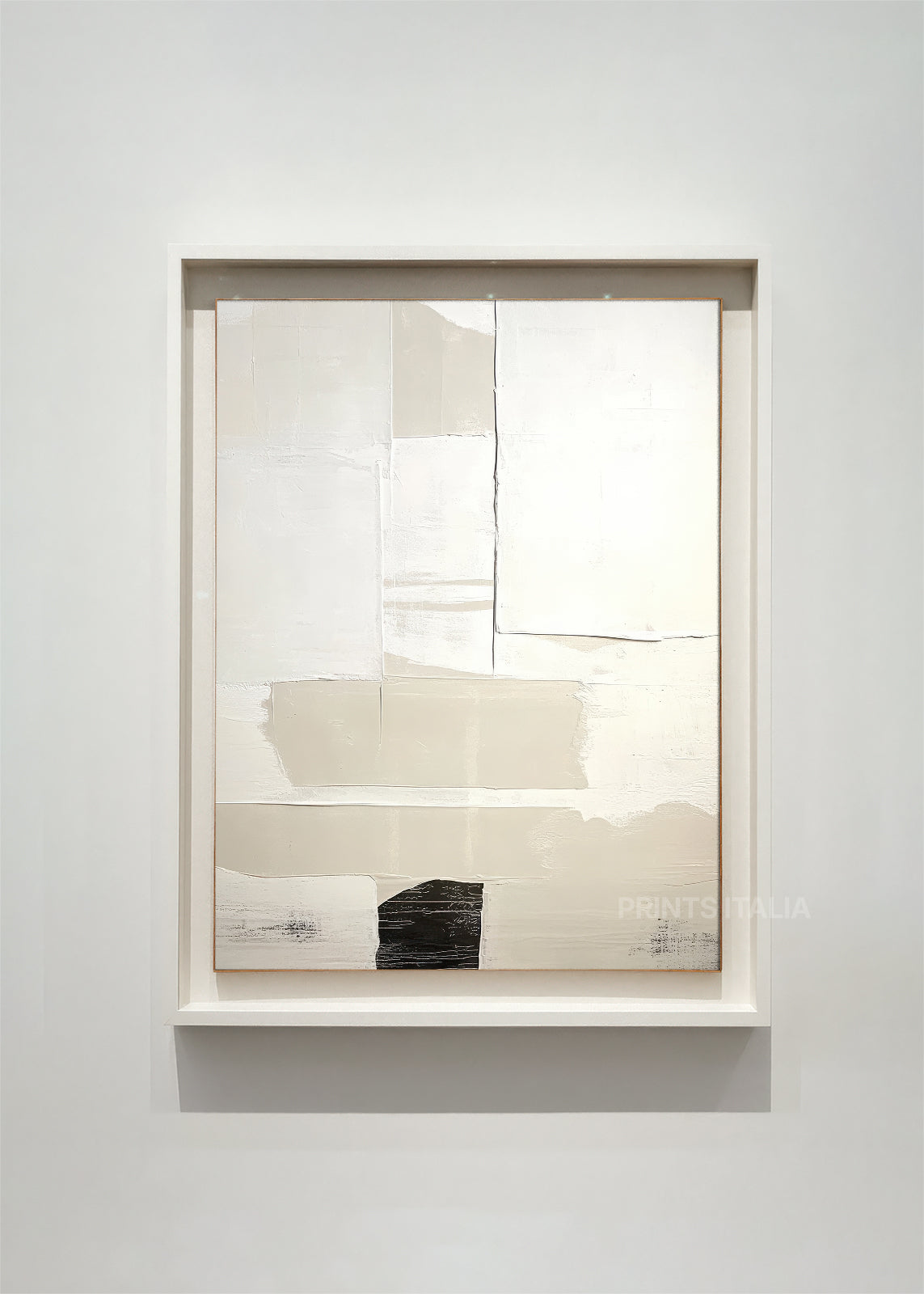 SOLINTH abstract art print framed – textured ivory and beige field with bold black block and subtle lines