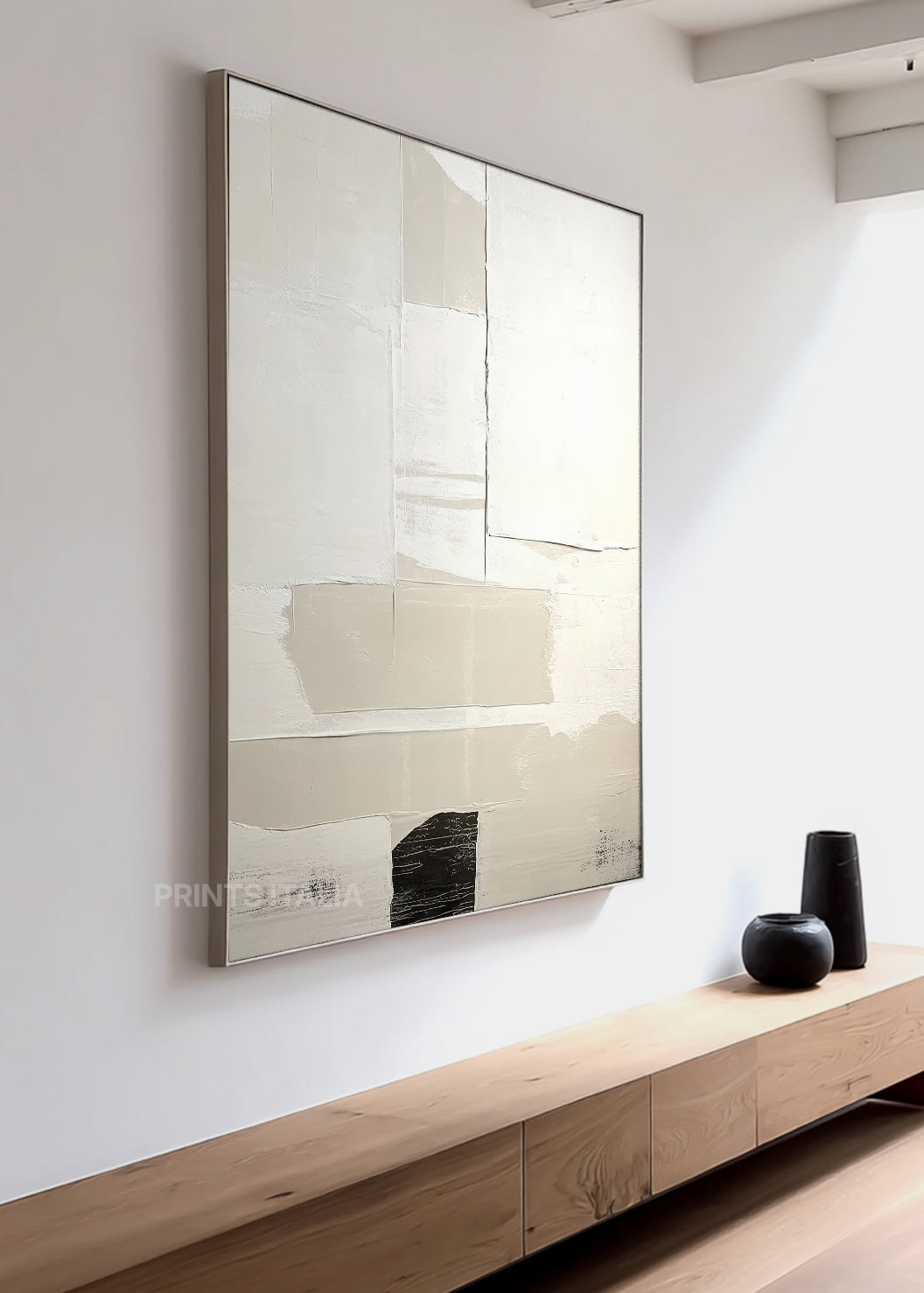 SOLINTH abstract print styled in a minimalist space, emphasizing its calm palette and refined composition