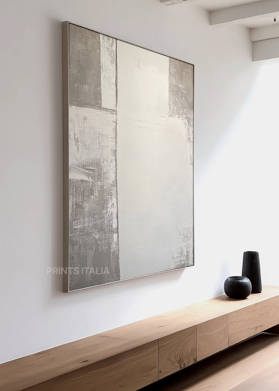 SOLITH art print featuring minimalist white and slate composition, soft tonal layers, and quiet structure, leaning against a neutral wall