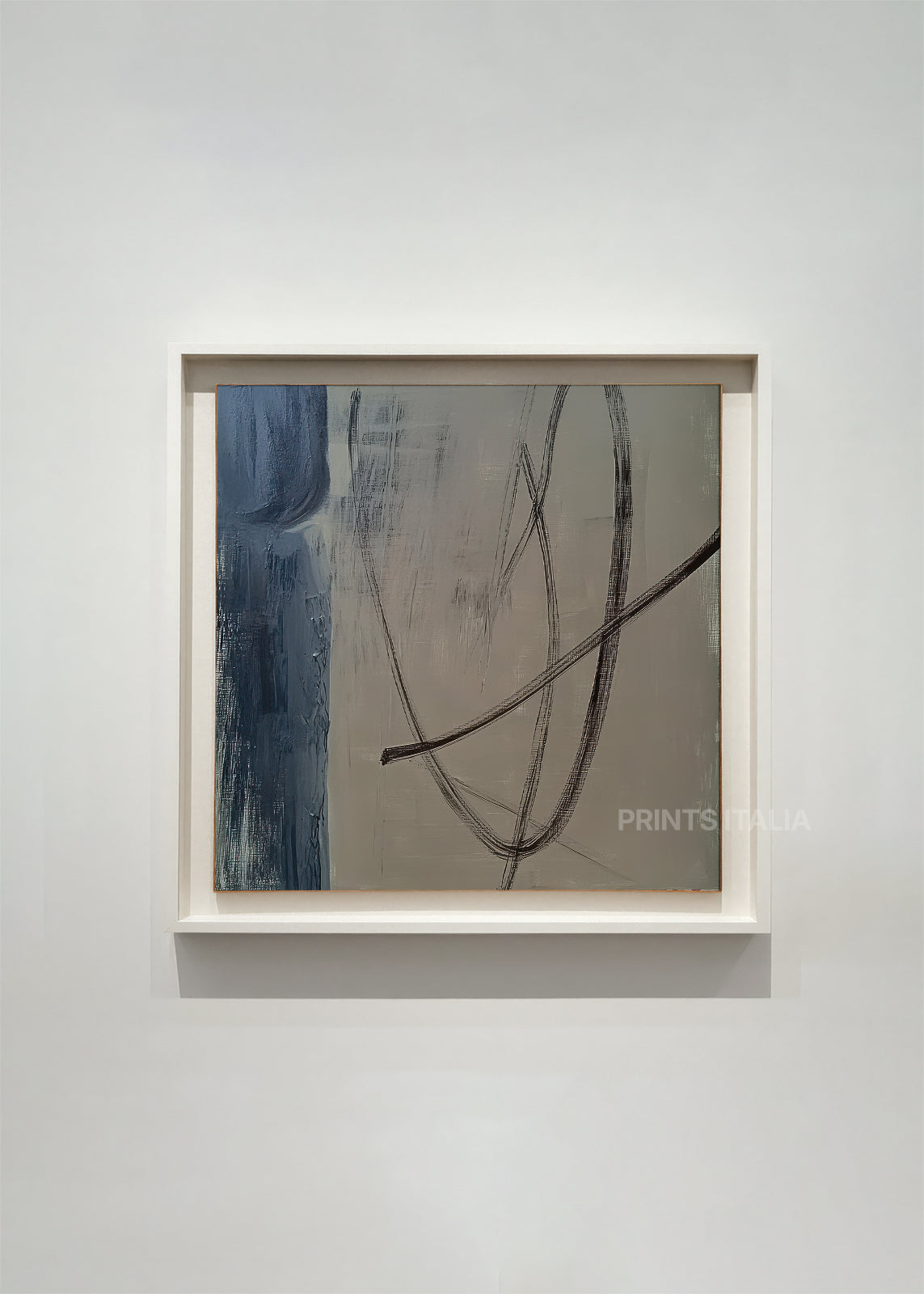 SOLVANI abstract art print framed – misty blue wash with sweeping charcoal lines on soft grey background