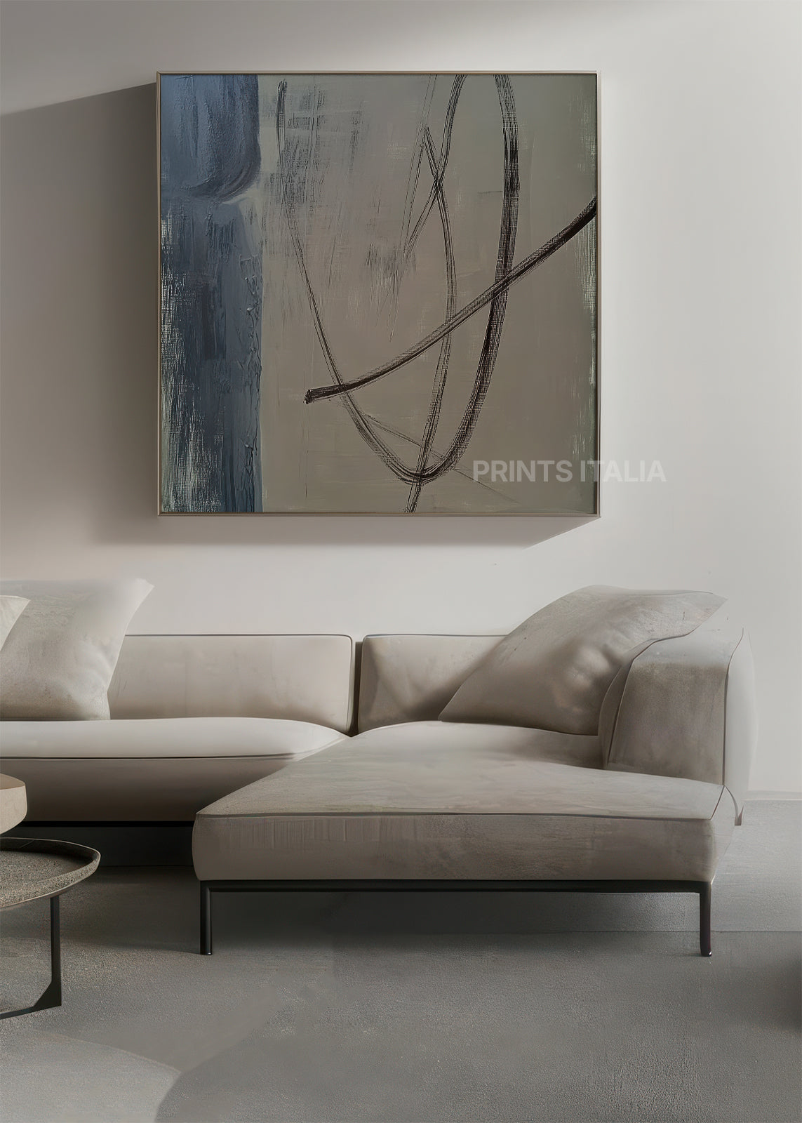 SOLVANI abstract print styled in a tranquil, light-filled space, emphasizing its airy composition and subtle movement
