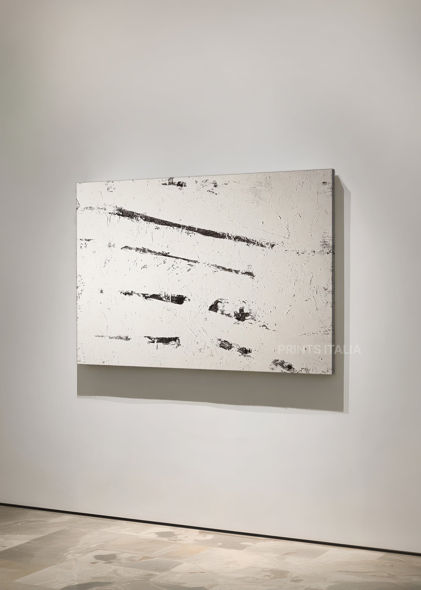 Unframed SOLVI art print featuring minimalist white composition, dynamic graphite lines, and subtle texture, leaning against a soft neutral wall