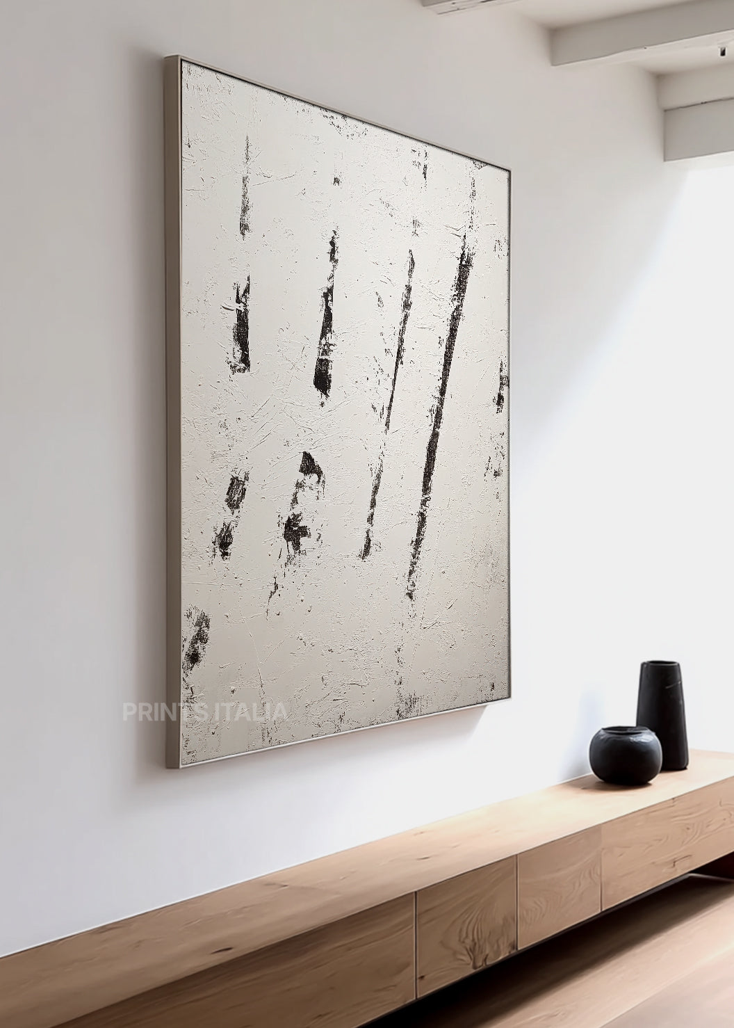 Close-up of SOLVI print showing expressive graphite marks, tactile surface texture, and crisp white field
