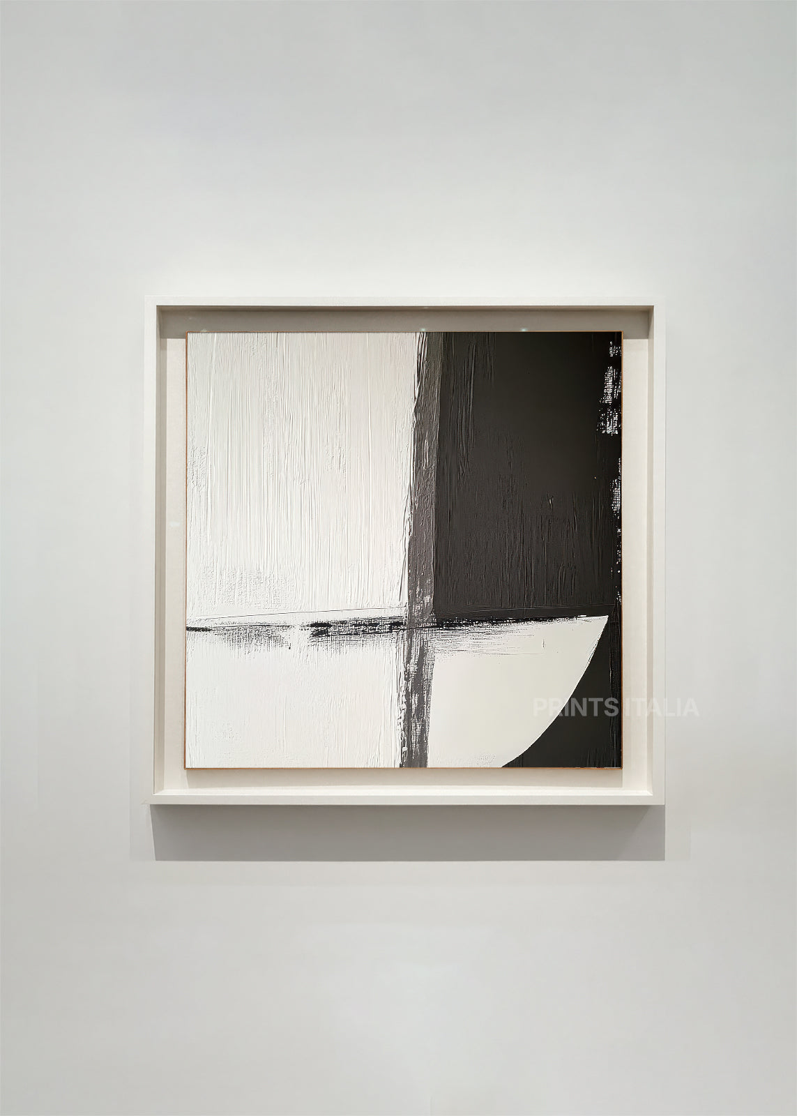 Sona abstract geometric art print featuring black and white quadrants with textured brushwork.