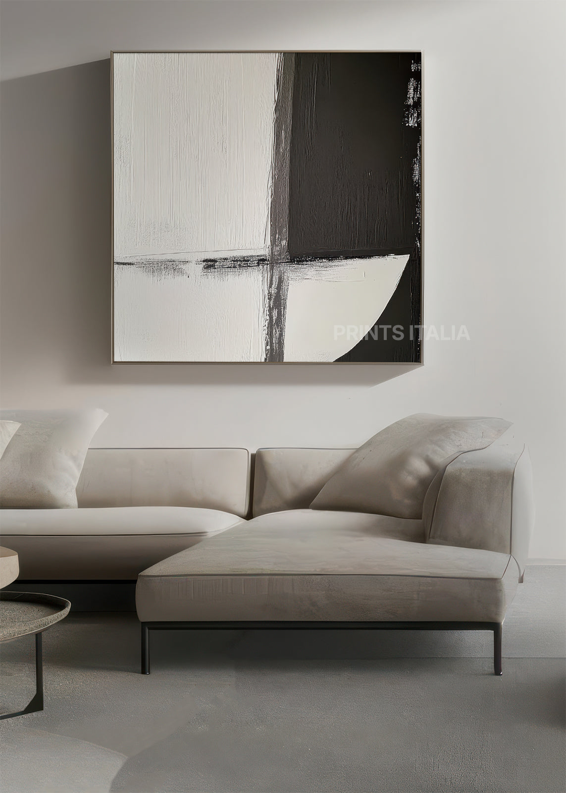 Sona black and white abstract art print displayed in modern living room interior - Prints Italia