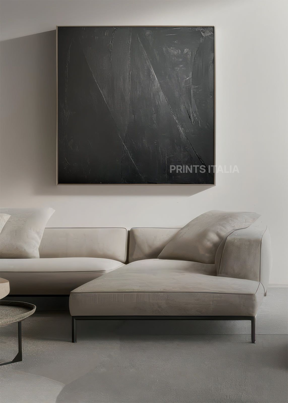 Black minimalist abstract art print featuring balanced composition and subtle texture – Suri by Prints Italia