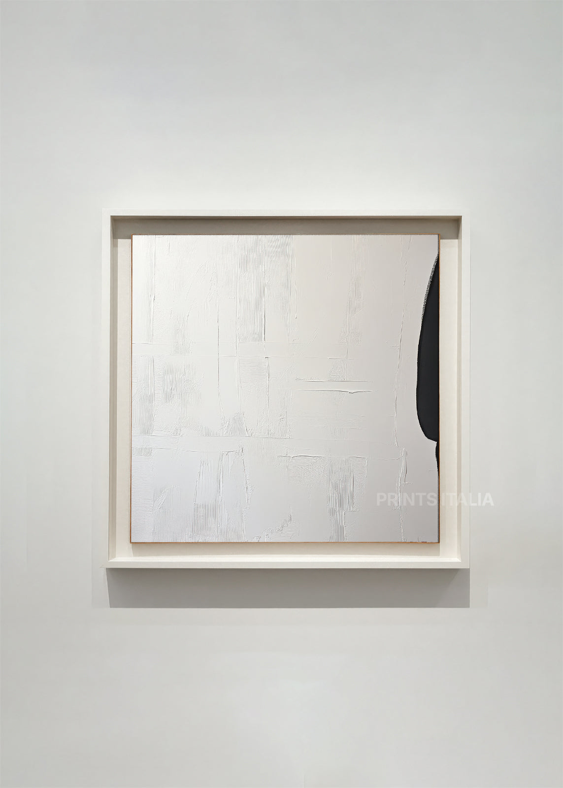framed minimalist abstract art print with misty white and gray gradients, anchored by a bold charcoal line, displayed in a modern gallery 