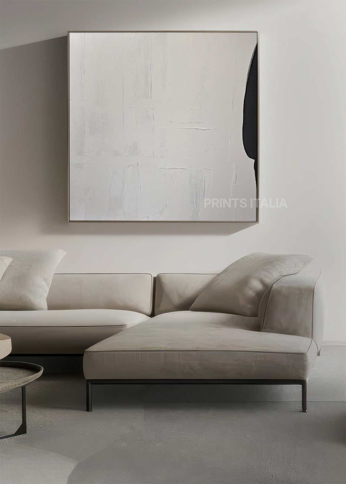 SVALA art print featuring ethereal white and gray minimalism, gentle gradients, and a singular charcoal gesture, leaning against a pale neutral wall