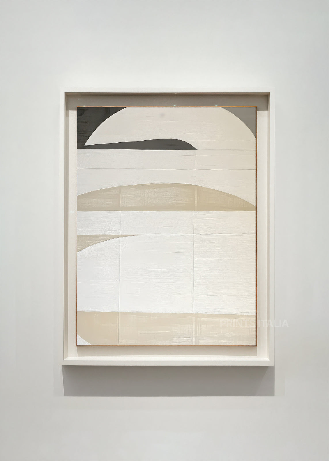 TAELUN abstract art print framed – layered white and taupe planes with bold black arc and linear marks