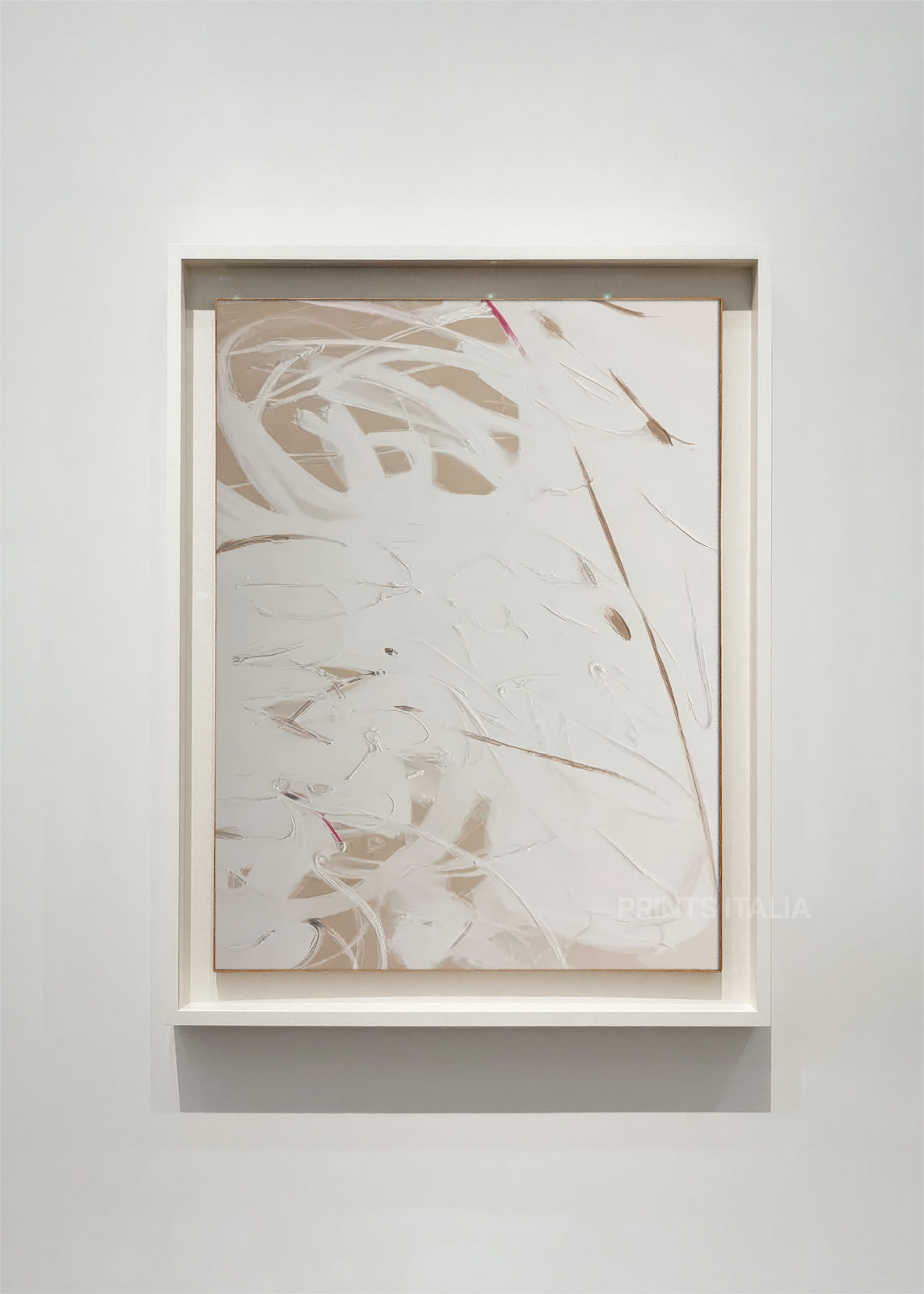 TALVO abstract art print framed – sweeping white gestures over soft sand and beige background