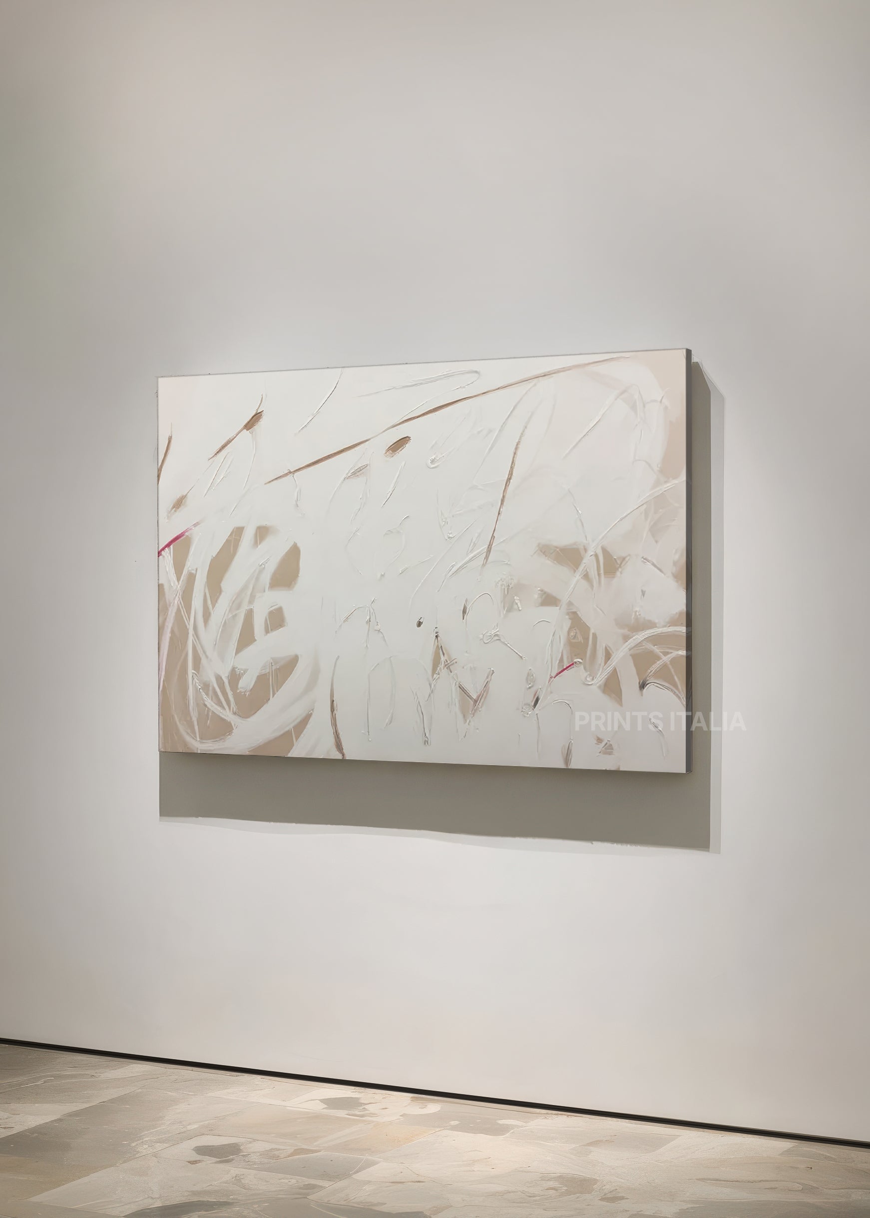 TALVO abstract print – airy white composition with gentle sand and beige accents