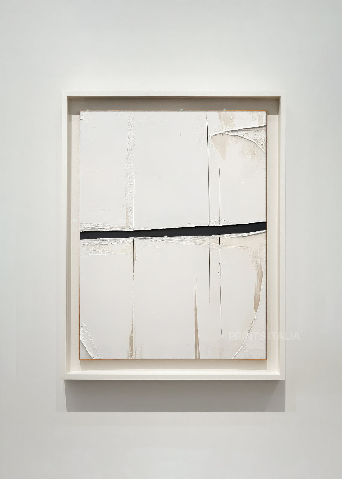 TANIRI abstract art print framed – single bold black line on textured ivory background