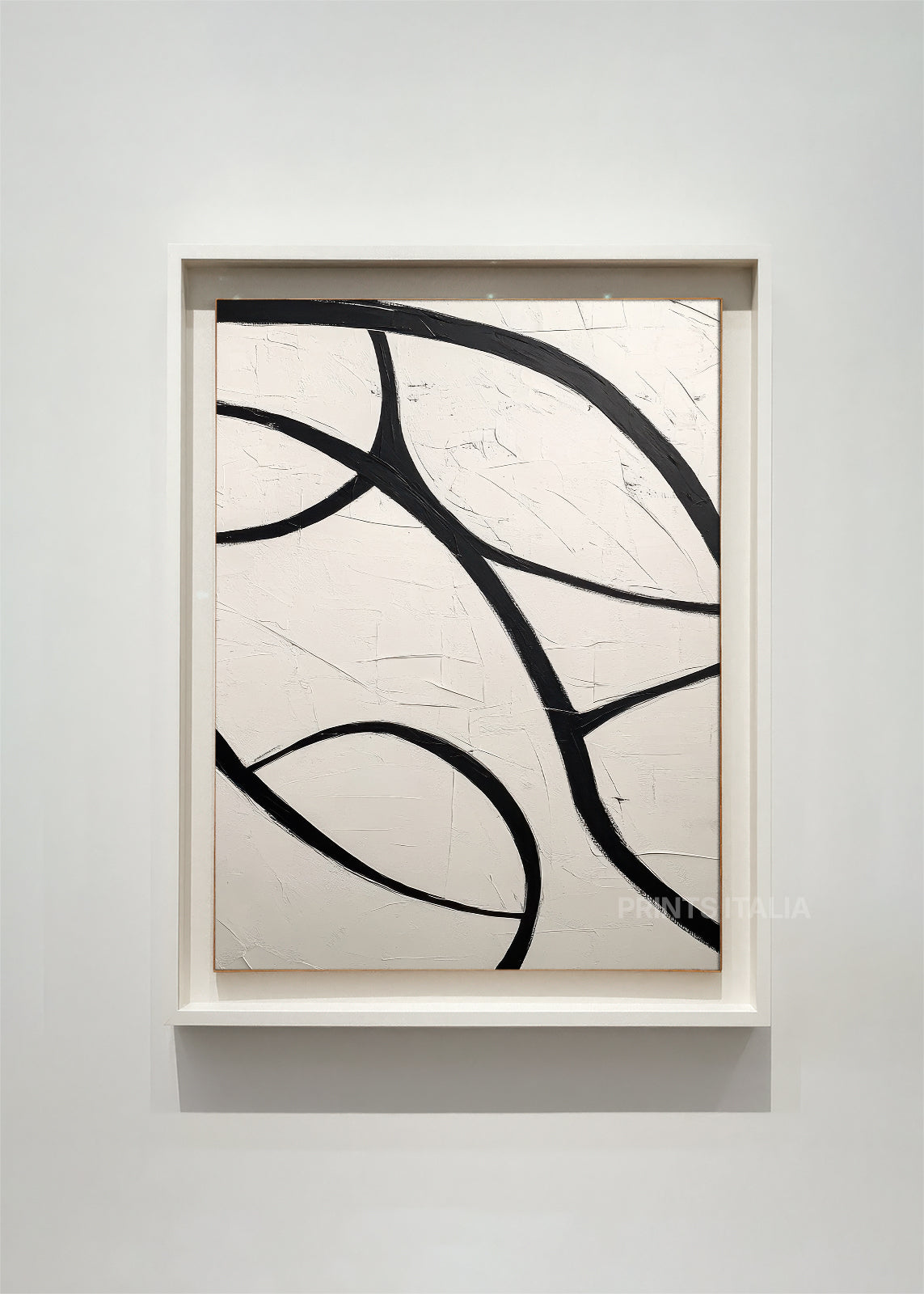 TANU abstract art print framed – bold curved lines in black on cream background with flowing organic movement