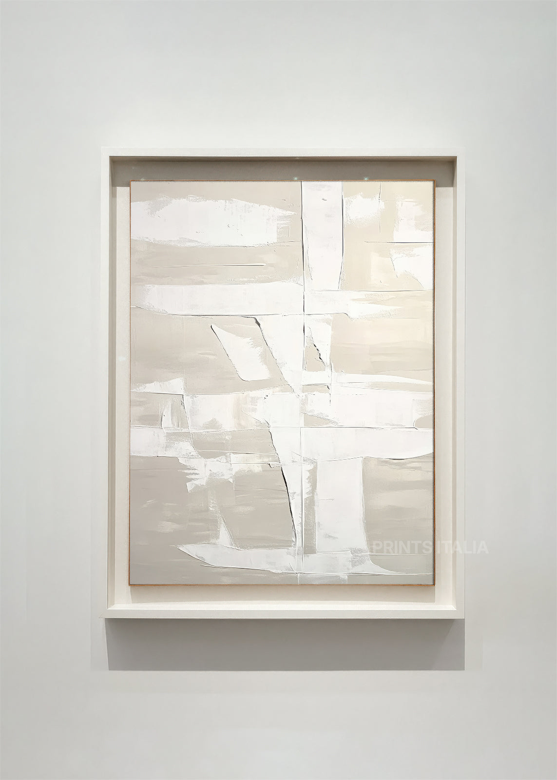 minimalist abstract art print with intersecting white brushstrokes and soft taupe undertones