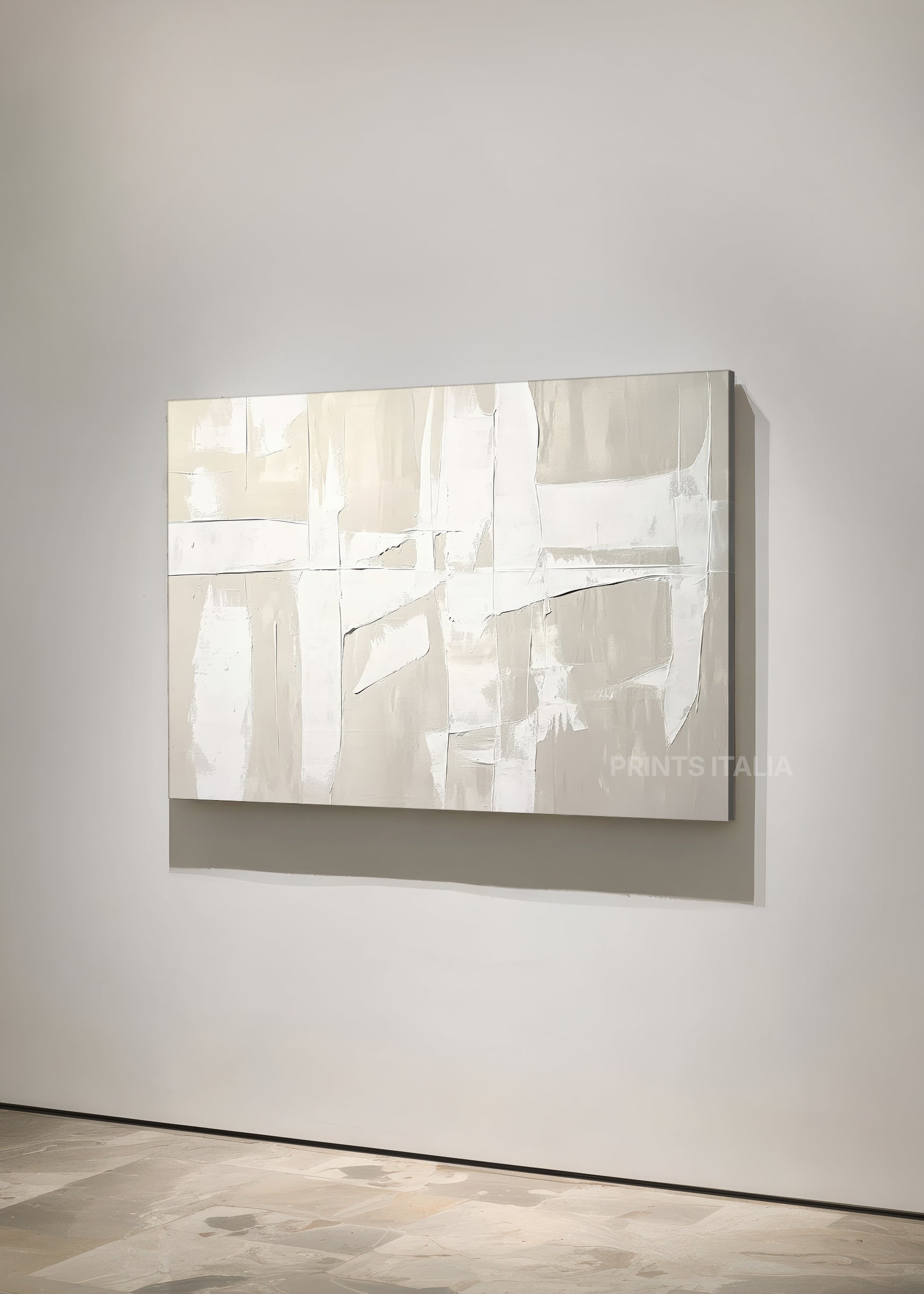 TARA art print featuring a tranquil grid of white and taupe layers, gentle texture, and minimalist composition, leaning against a soft neutral wall