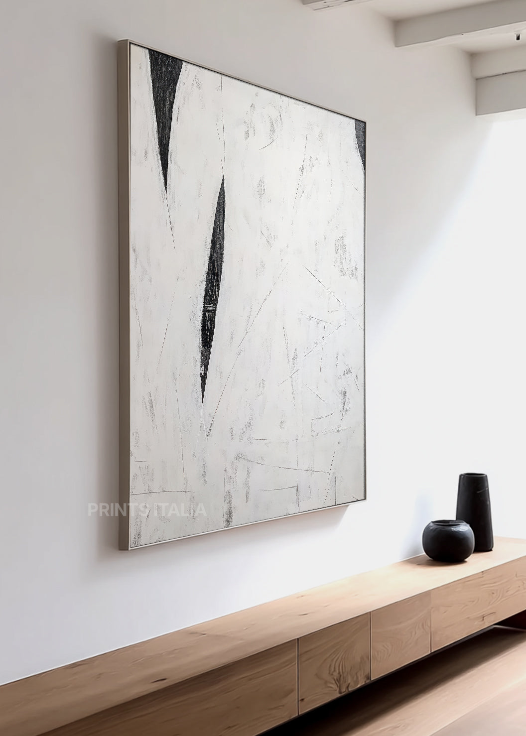 TESSARI print displayed in a contemporary gallery, highlighting its crisp black slashes and minimalist white field