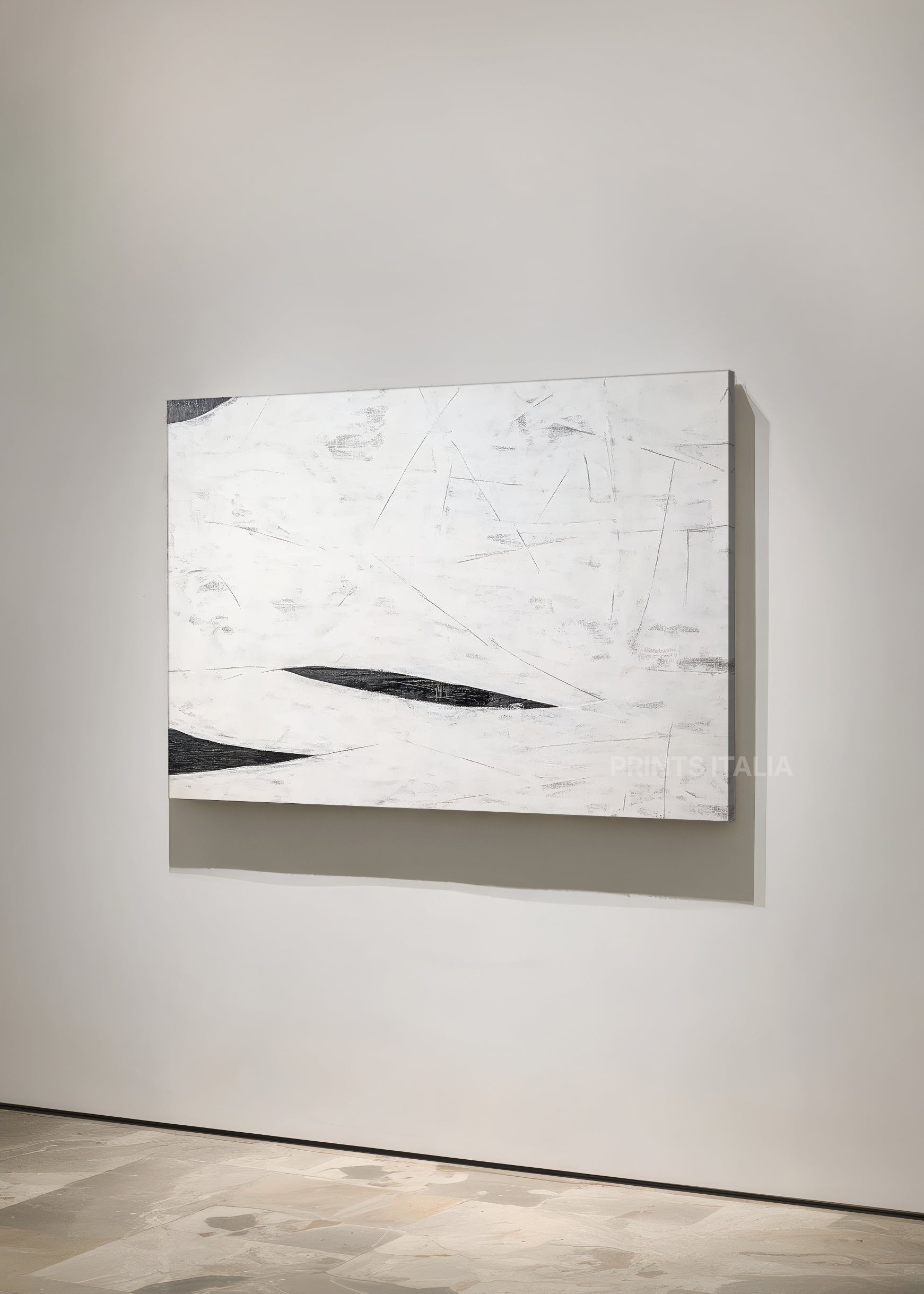 TESSARI abstract print styled in a serene, modern space, emphasizing its bold contrast and tranquil composition