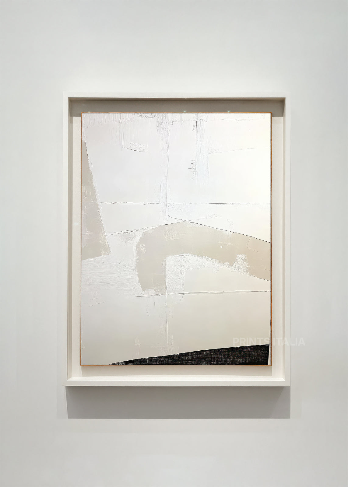 THALOR abstract art print framed – layered white and taupe planes with a gentle soft grey arc