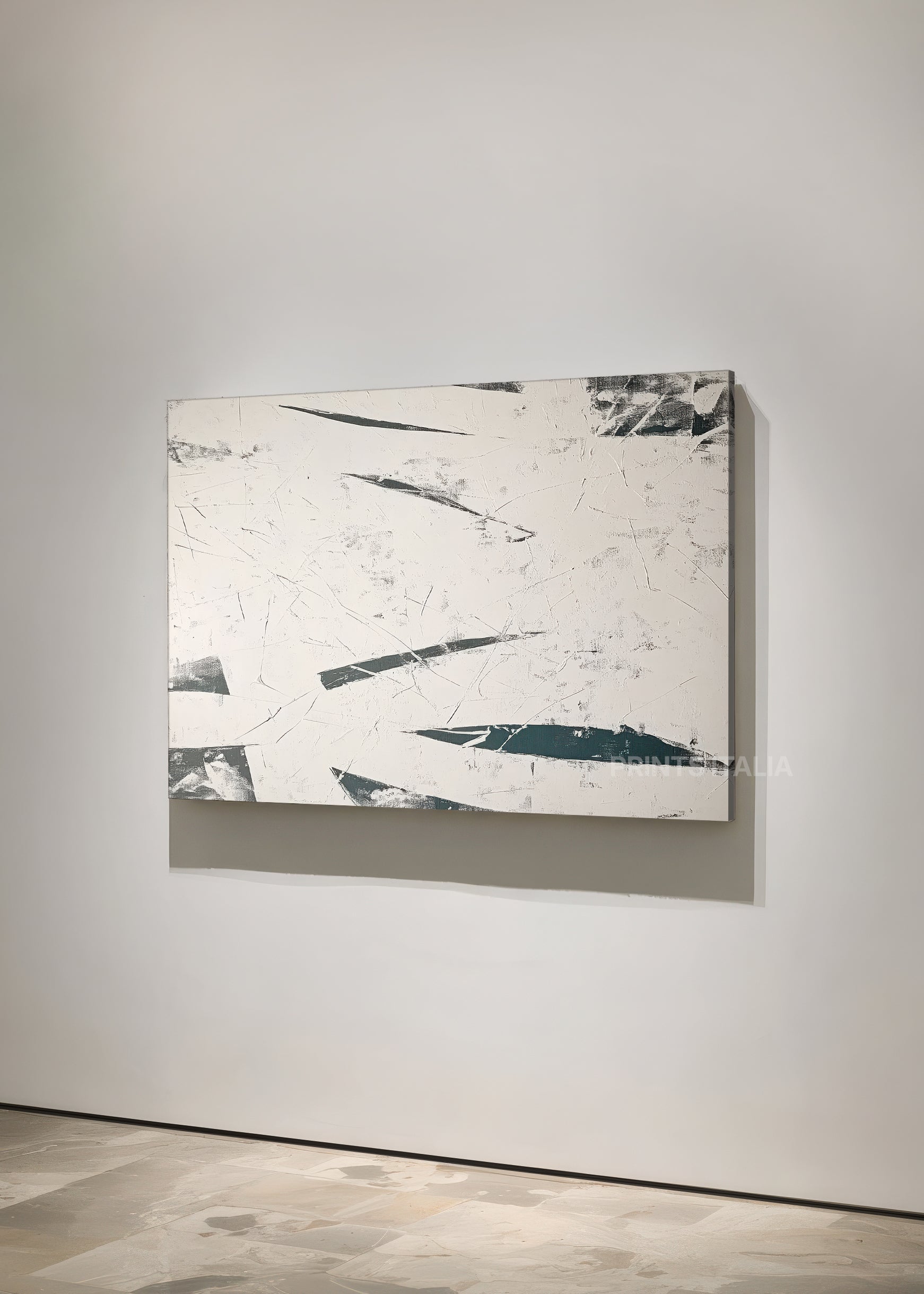 THALREN print displayed in a contemporary gallery, highlighting its sharp green-black cuts and white field
