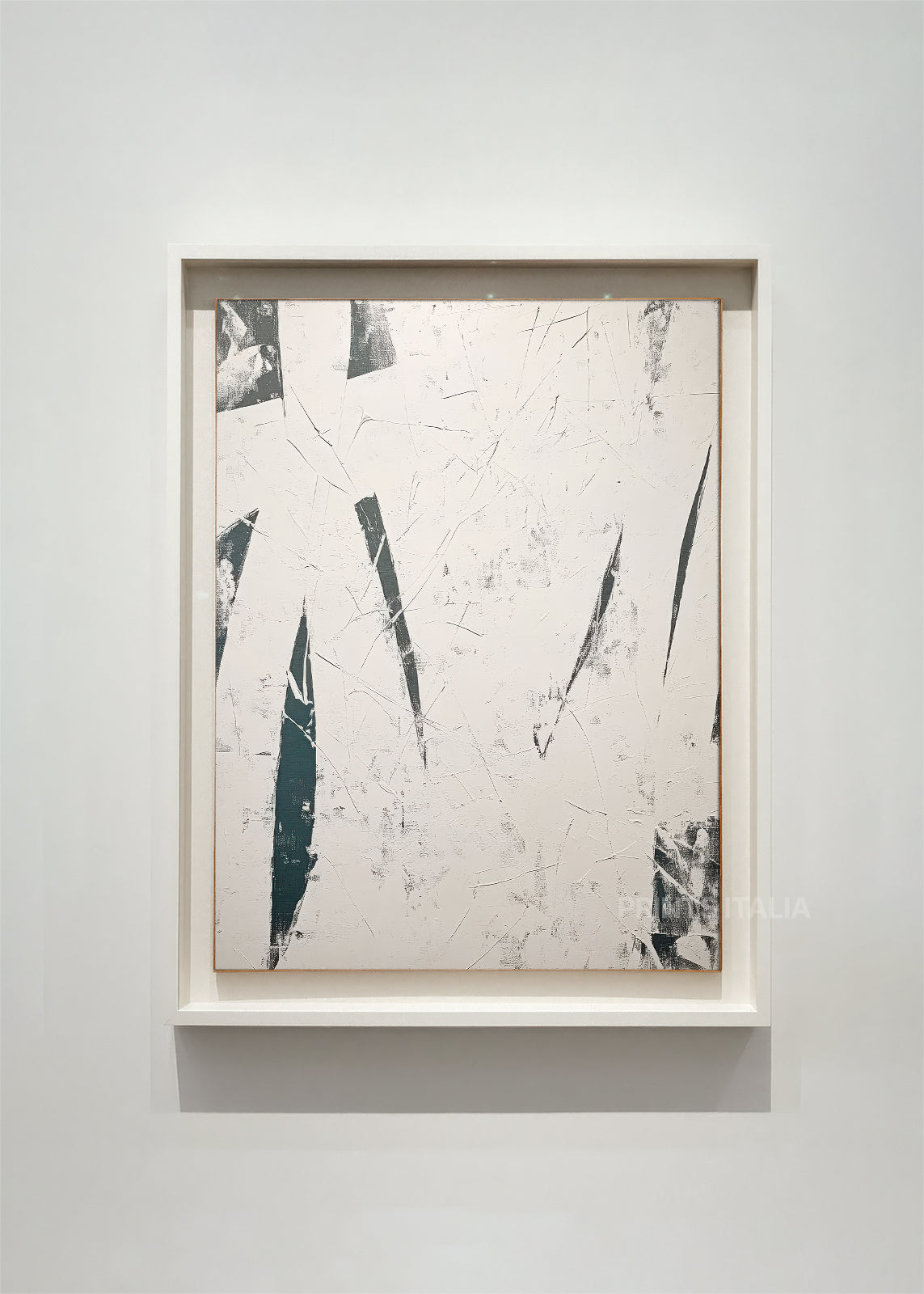 THALREN abstract art print framed – green and black slashes on a textured white background