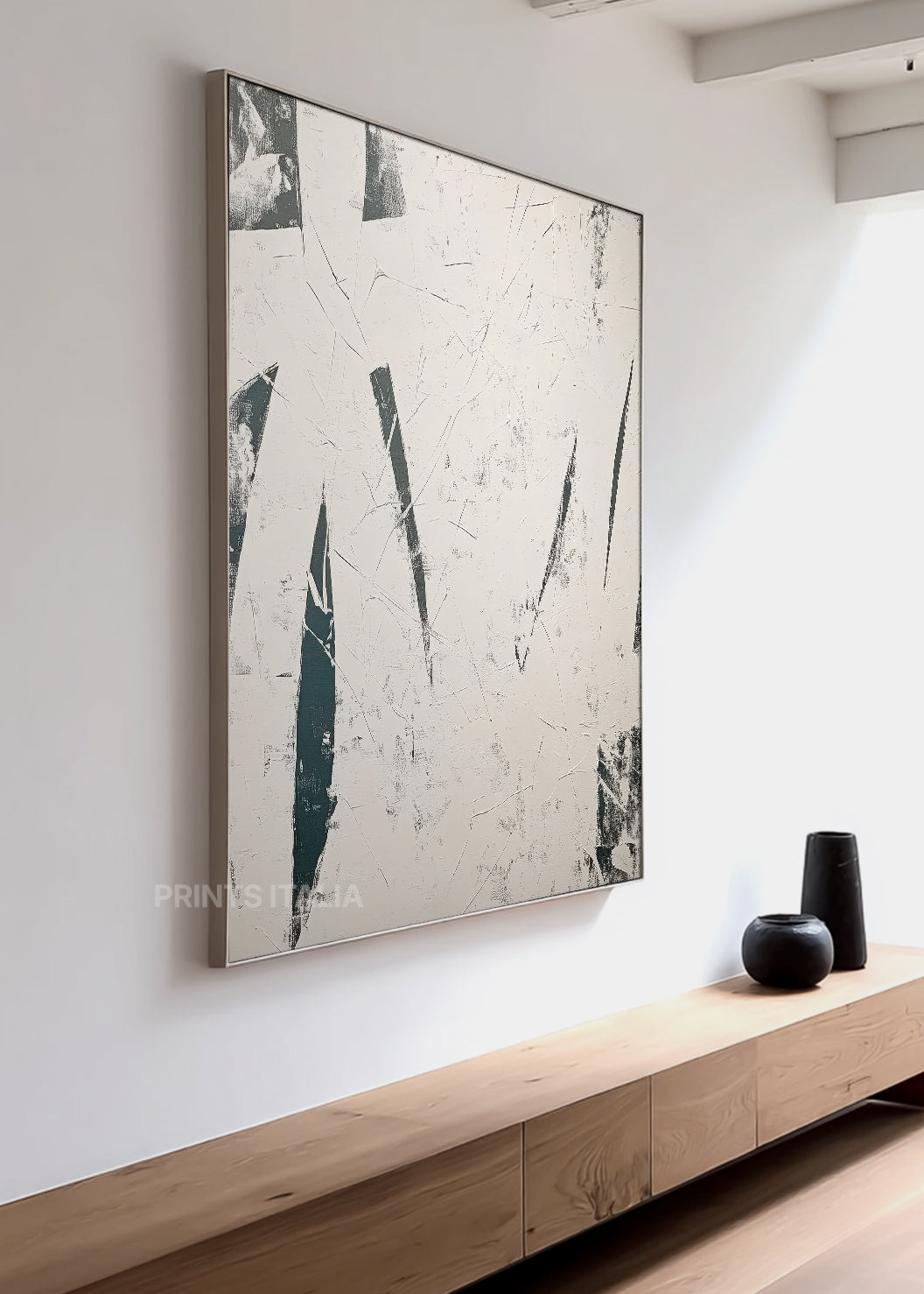 THALREN abstract print styled in a serene, modern space, emphasizing bold contrasts and clean geometry