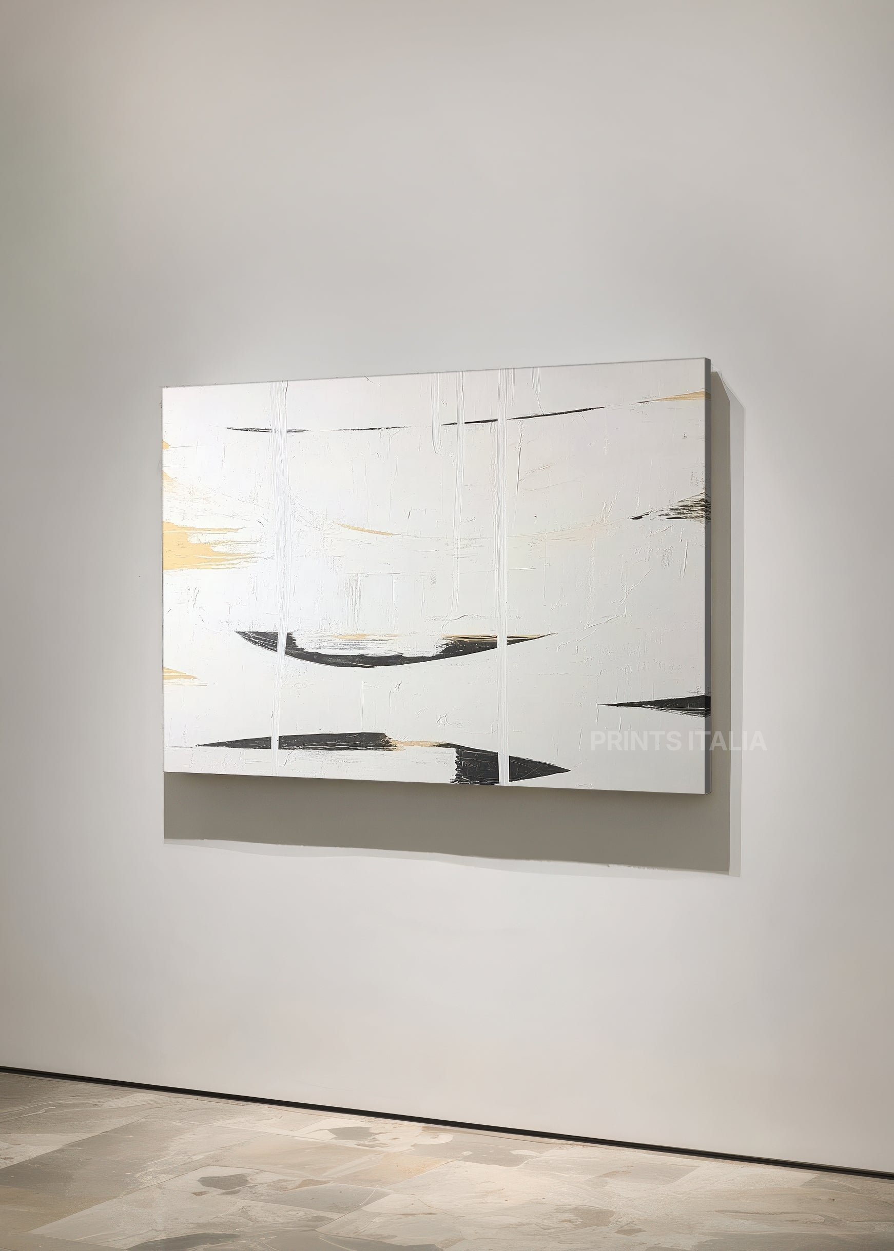 Unframed THEAIA art print featuring minimalist white, black, and gold composition, gentle surface texture, and bold contrasts, leaning against a soft neutral wall