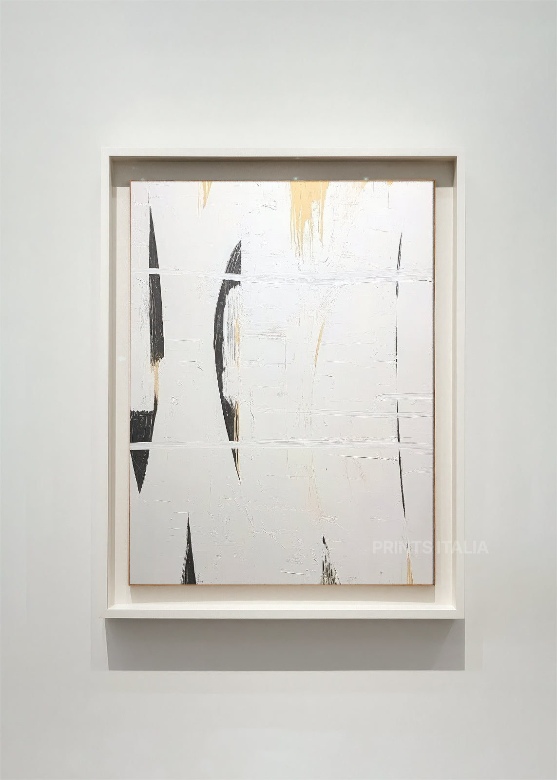 THEAIA – framed minimalist abstract art print with luminous white field, bold black accents, and gold highlights, displayed in a modern gallery