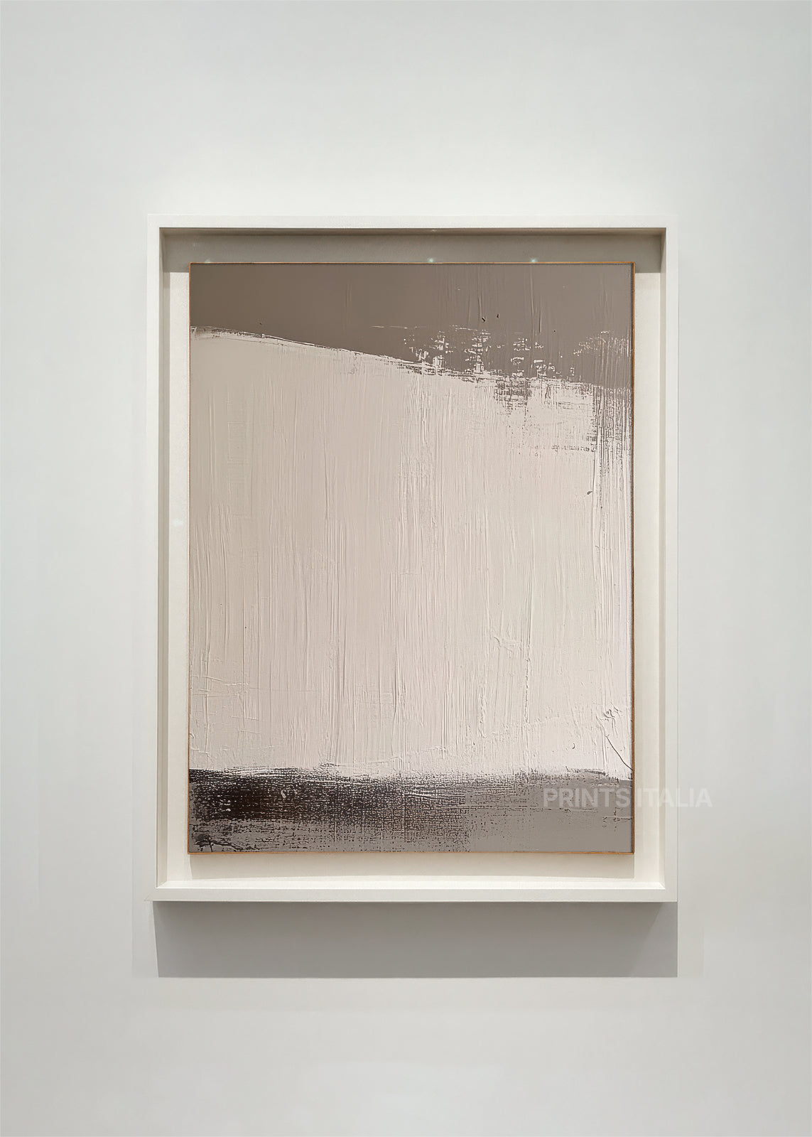 THURELL abstract art print framed – white, taupe, and graphite planes with gentle vertical brushwork