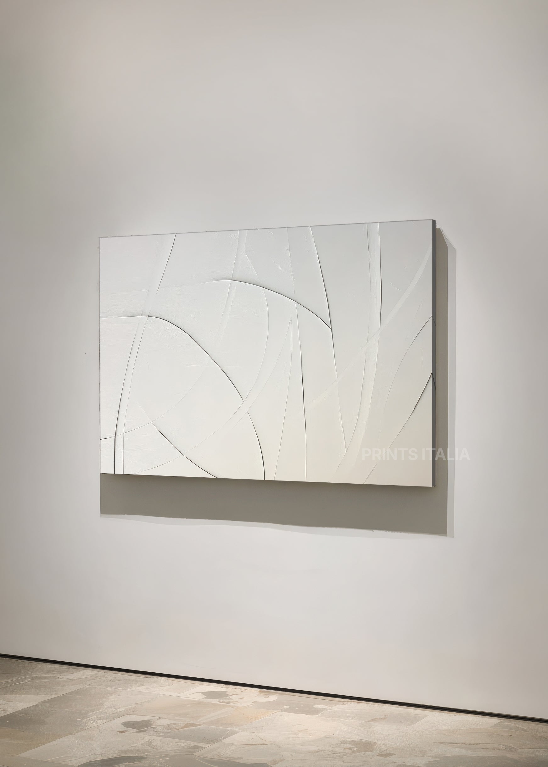 TIREL abstract print in a bright interior, emphasizing its gentle painted lines and serene white palette