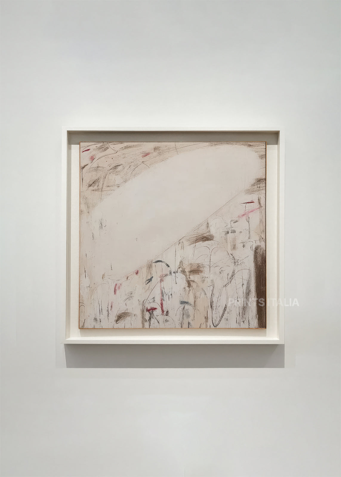 TISYA – framed minimalist abstract art print with luminous white field, soft taupe shading, and delicate graphite marks, displayed in a serene gallery setting