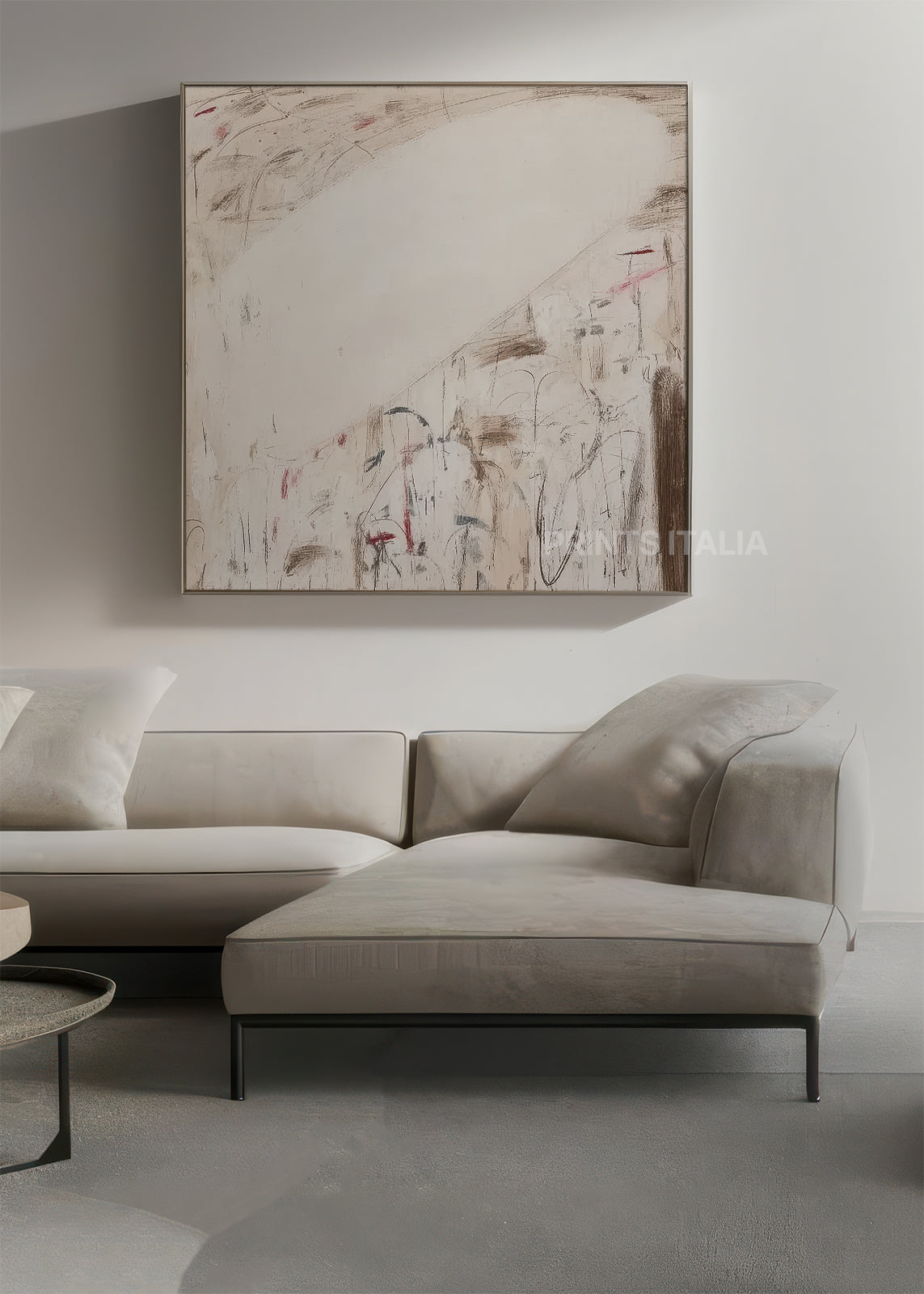 TISYA art print featuring ethereal white minimalism, airy taupe accents, and expressive linework, leaning against a sunlit neutral wall
