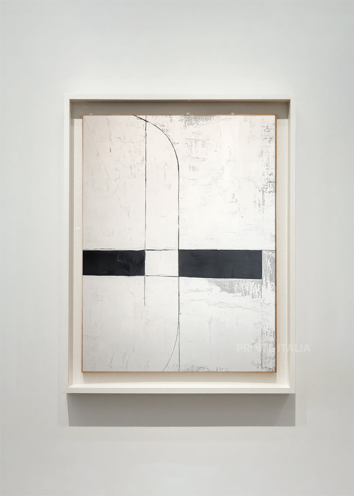 Close-up detail of Tiya geometric artwork showing architectural lines and contrasting dark elements against distressed white surface