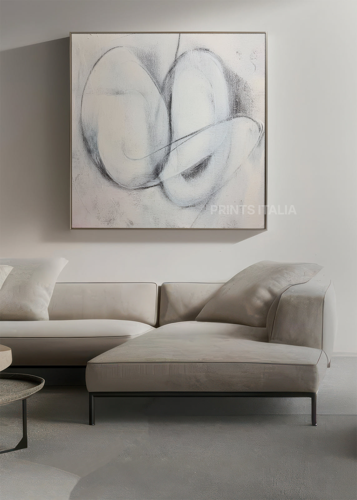 TORANI abstract print styled in a serene, modern space, emphasizing its gentle lines and soft palette