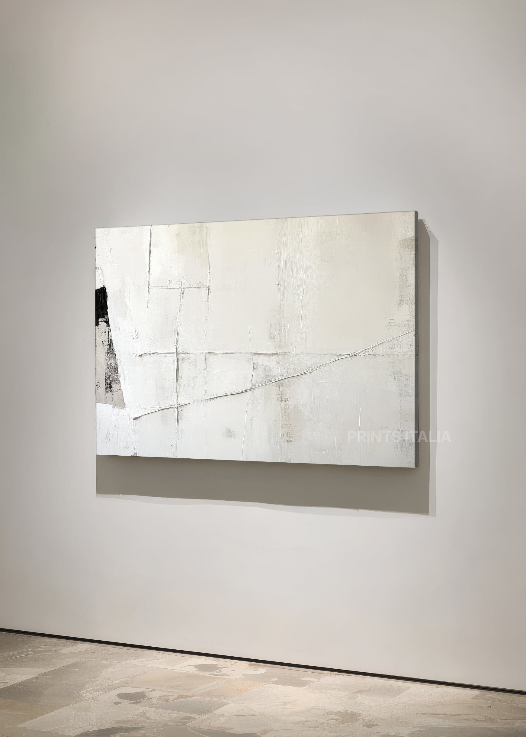 Unframed TUMEA art print featuring minimalist white and taupe composition, fine linear grid, and soft texture, leaning against a neutral wall