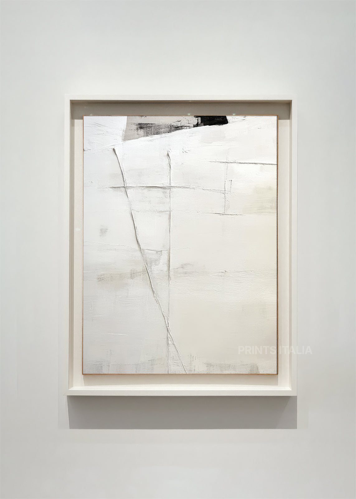 TUMEA – framed minimalist abstract art print with white and taupe layers, intersecting graphite lines, and subtle grid, displayed in a modern gallery