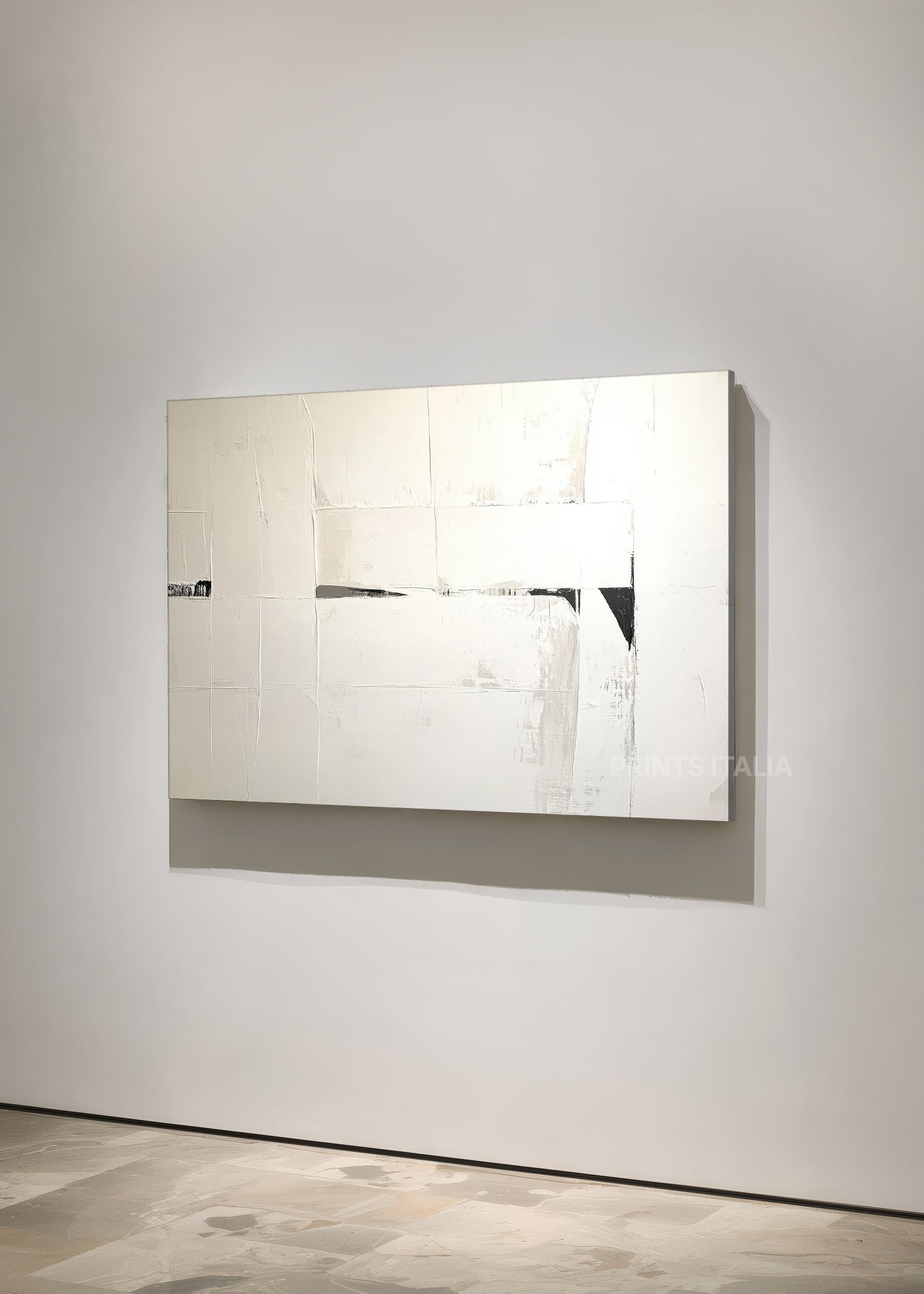 Angled view of URAELI abstract print – contemplative modern composition with delicate vertical elements on cream