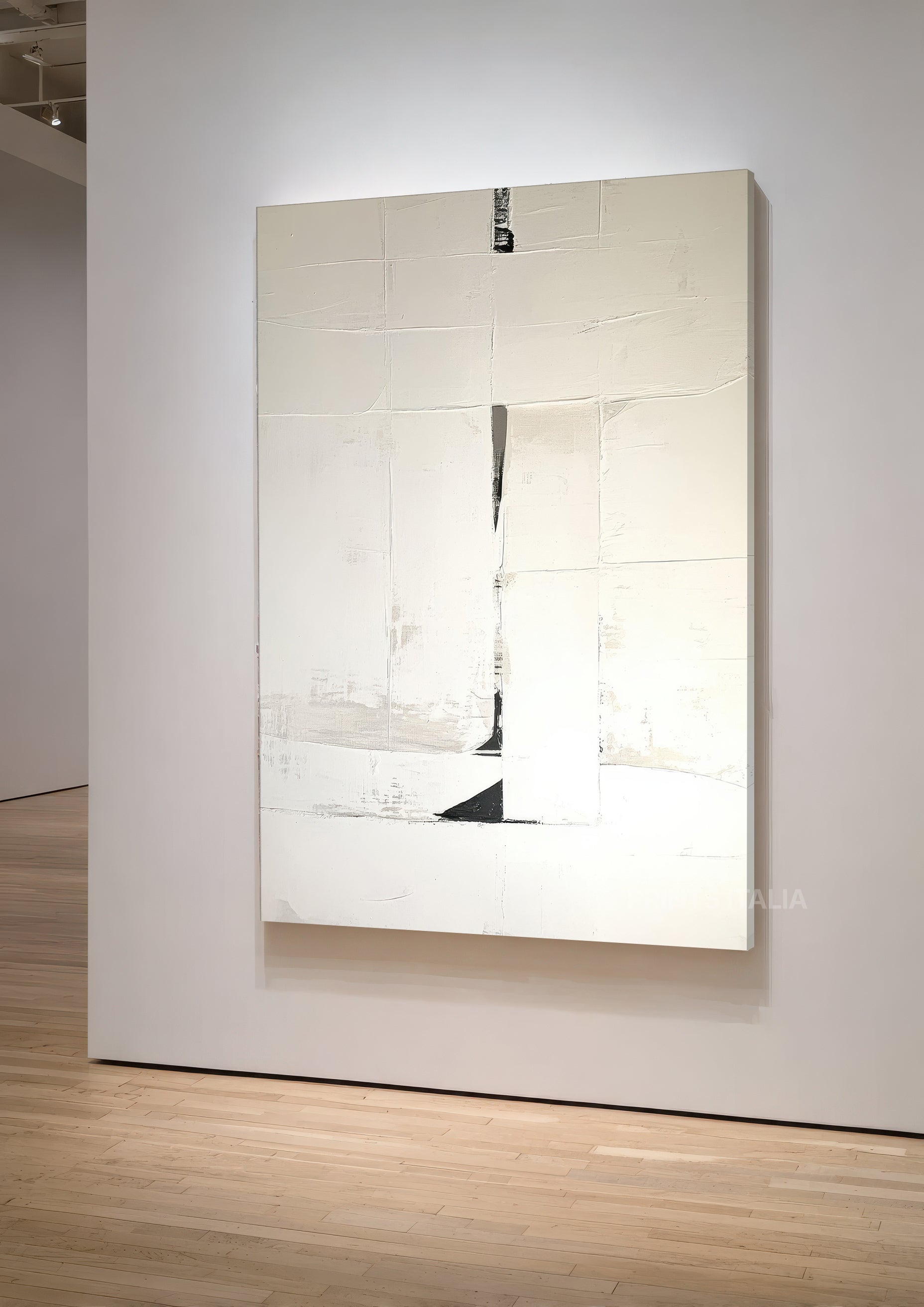 URAELI print showing gentle vertical forms and subtle geometric marks on textured cream surface