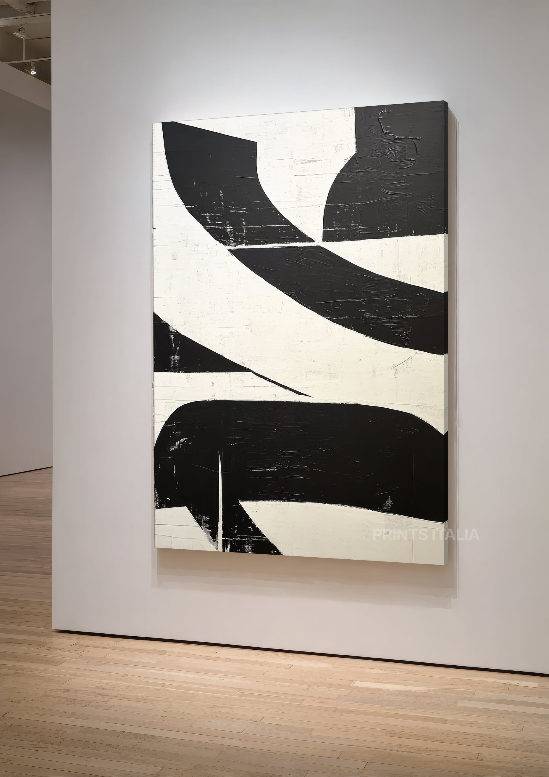 Unframed VARA art print featuring dynamic black and white abstract forms, leaning against a minimalist concrete wall