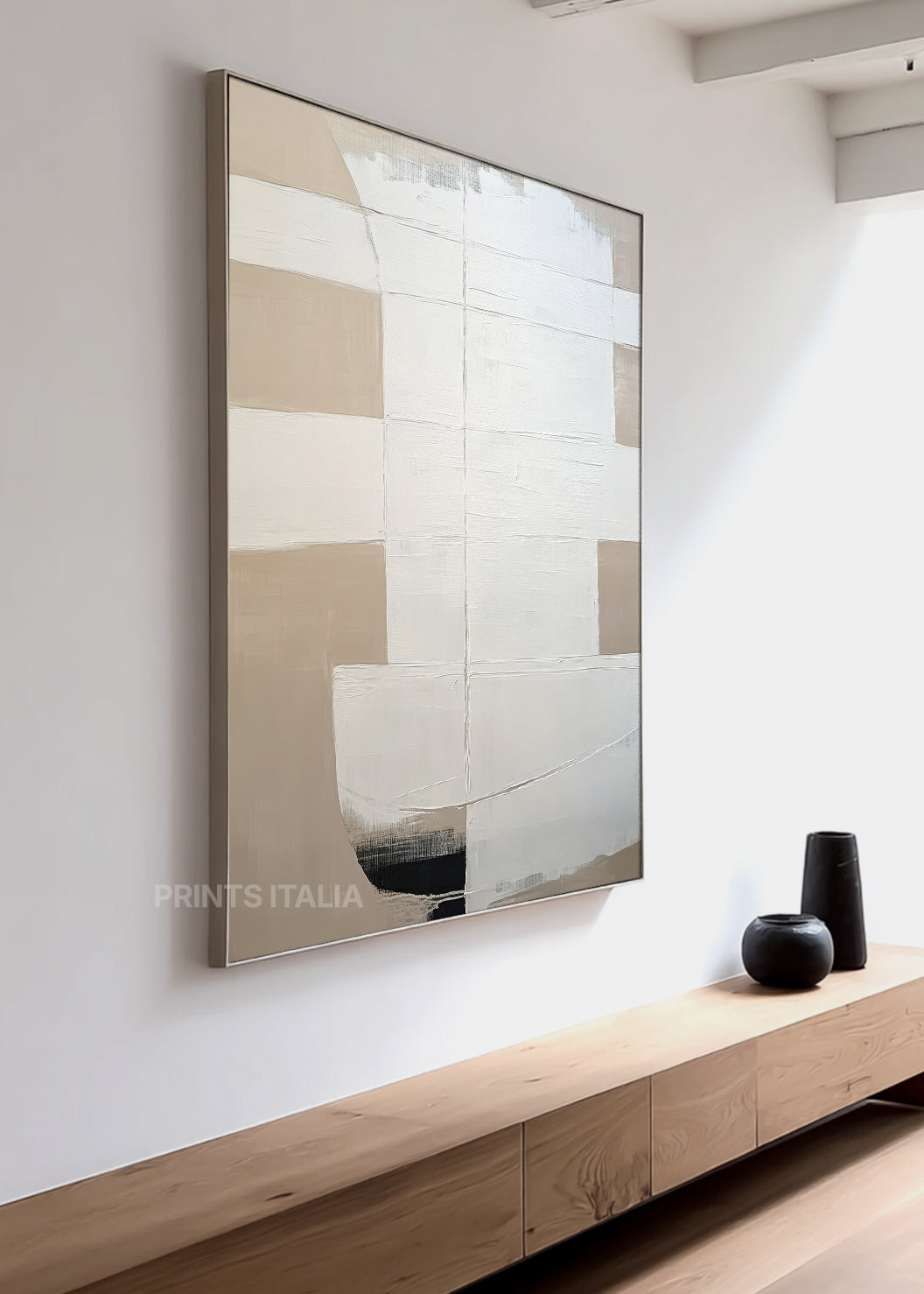 Close-up of VARENNE print showing subtle surface texture, layered whites, taupe blocks, and the intersection of fine grid lines